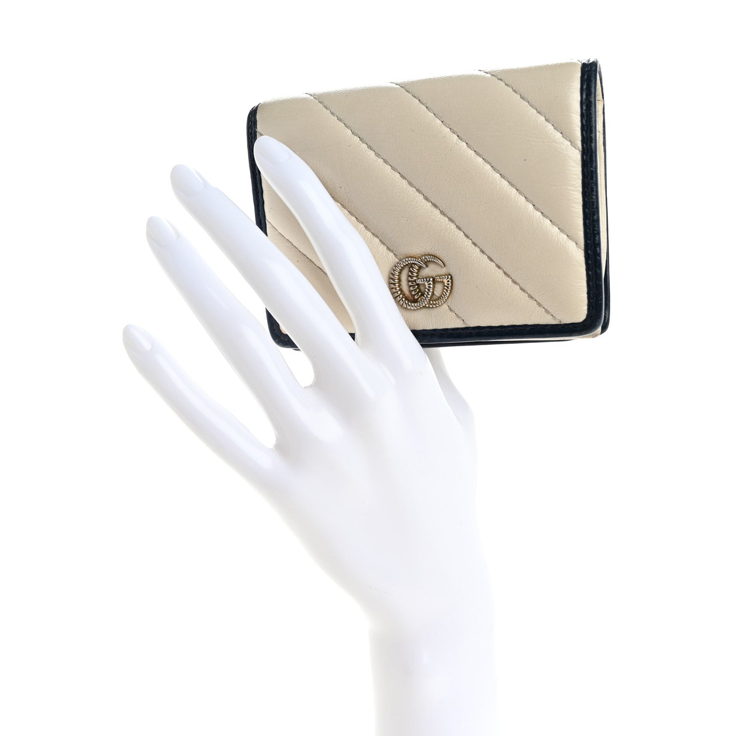 Vintage Effect Calfskin Matelasse Diagonal Torchon GG Marmont Card Case Wallet Mystic White Blue Agata