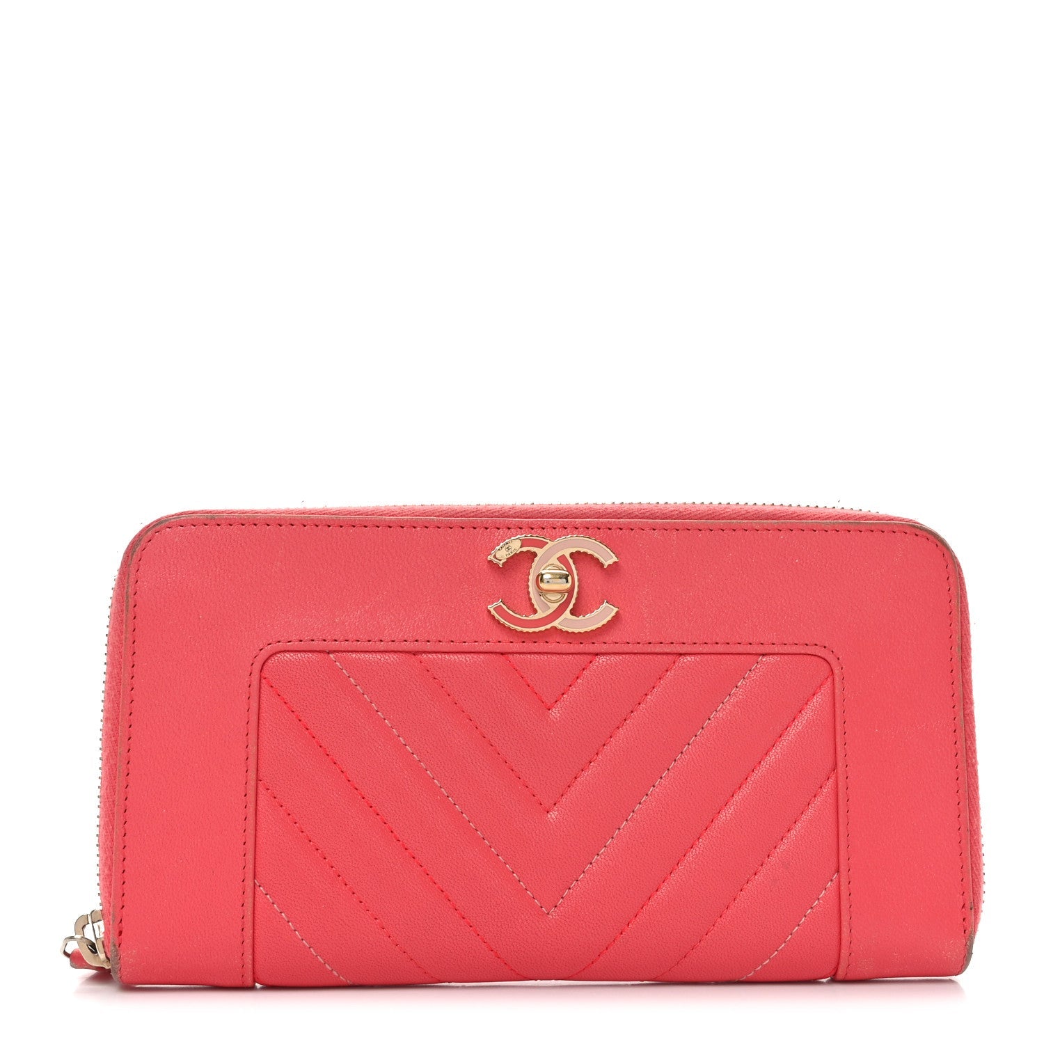 Sheepskin Chevron Quilted Mademoiselle Vintage Zip Around Wallet Pink