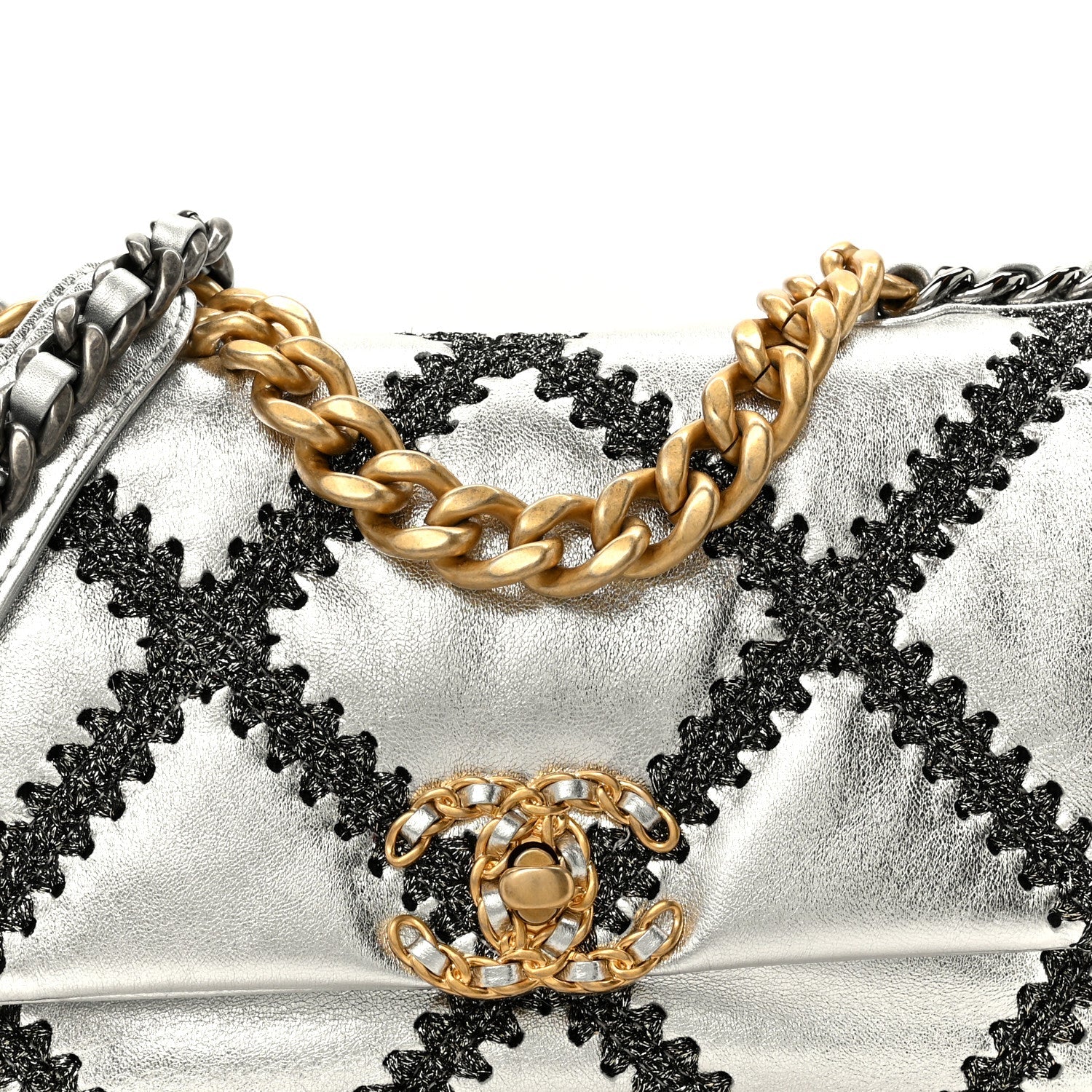 Metallic Calfskin Crochet Medium Chanel 19 Flap Silver