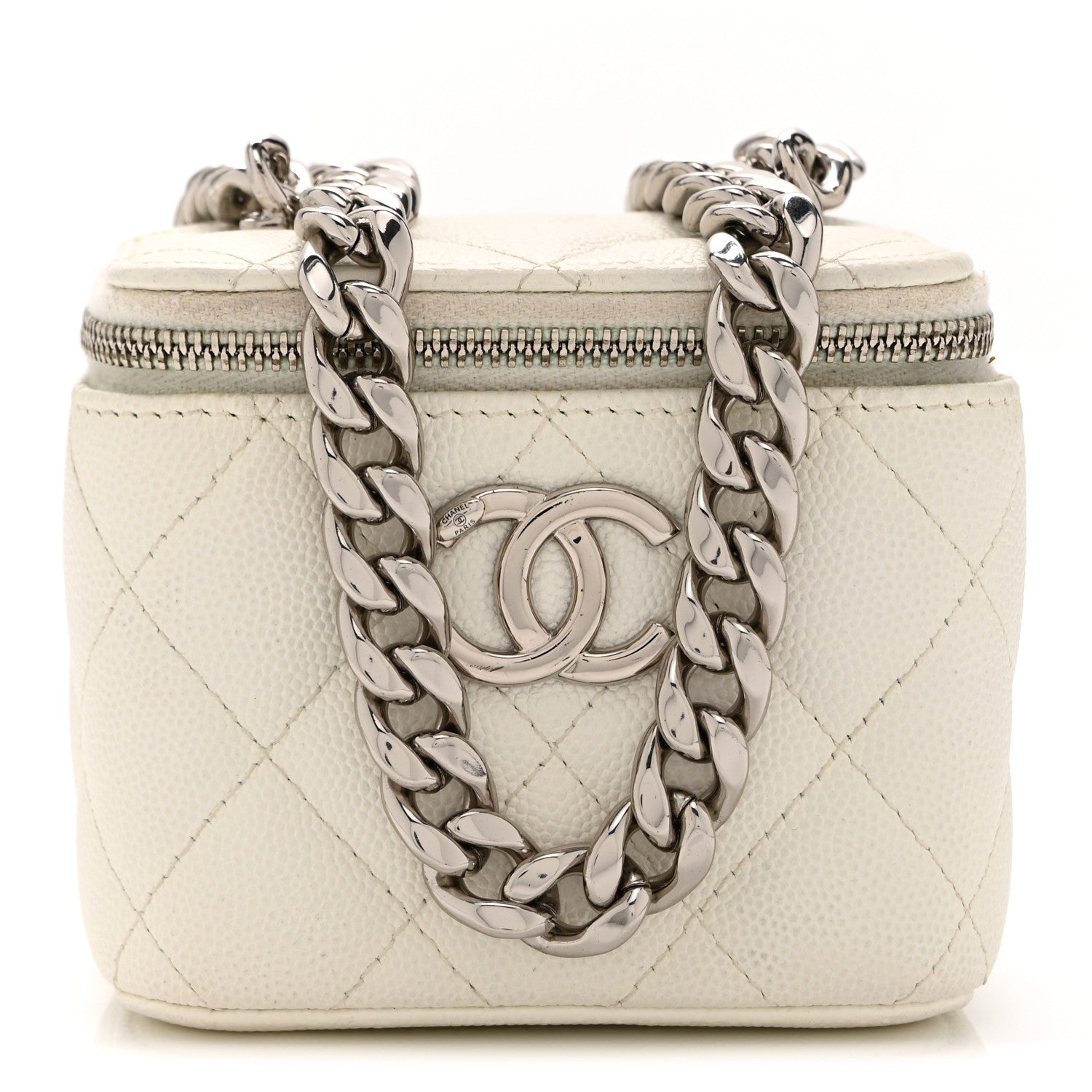 Caviar Quilted Enamel Coco Mini Vanity Case With Chain White