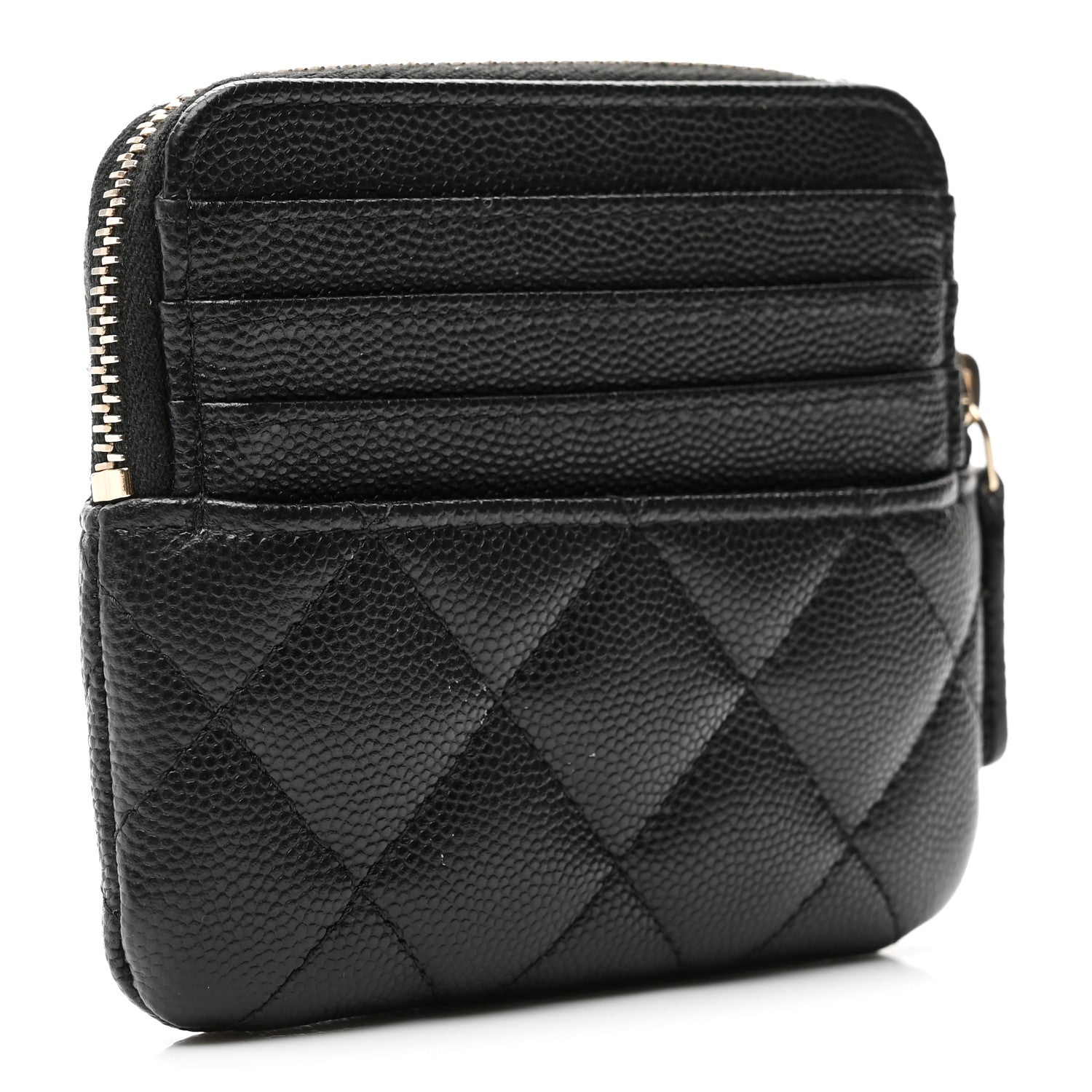 Caviar Quilted Crystal Zip Card Holder Wallet Black
