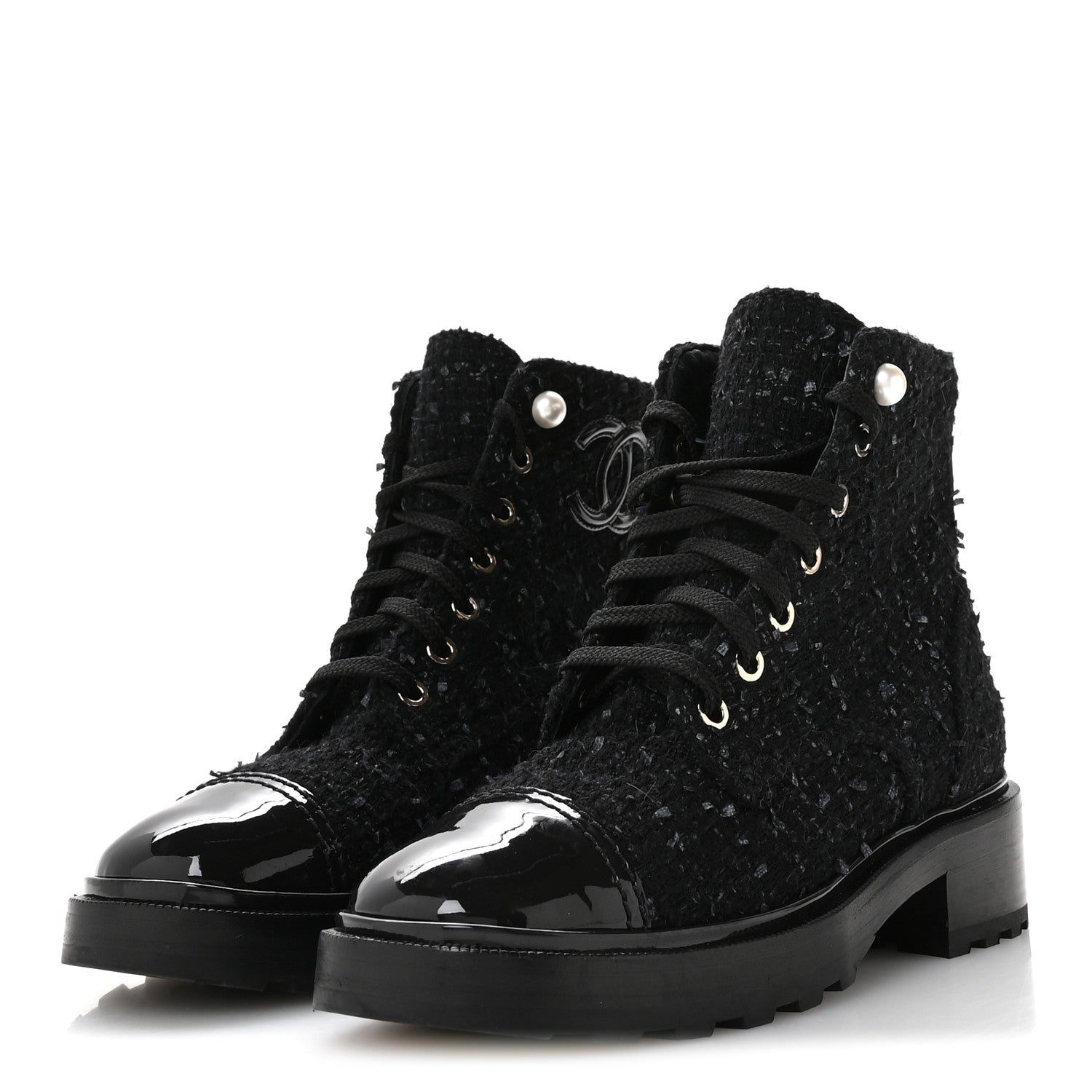 Tweed Patent Calfskin Pearl Combat Short Boots 37  Black Grey Blue