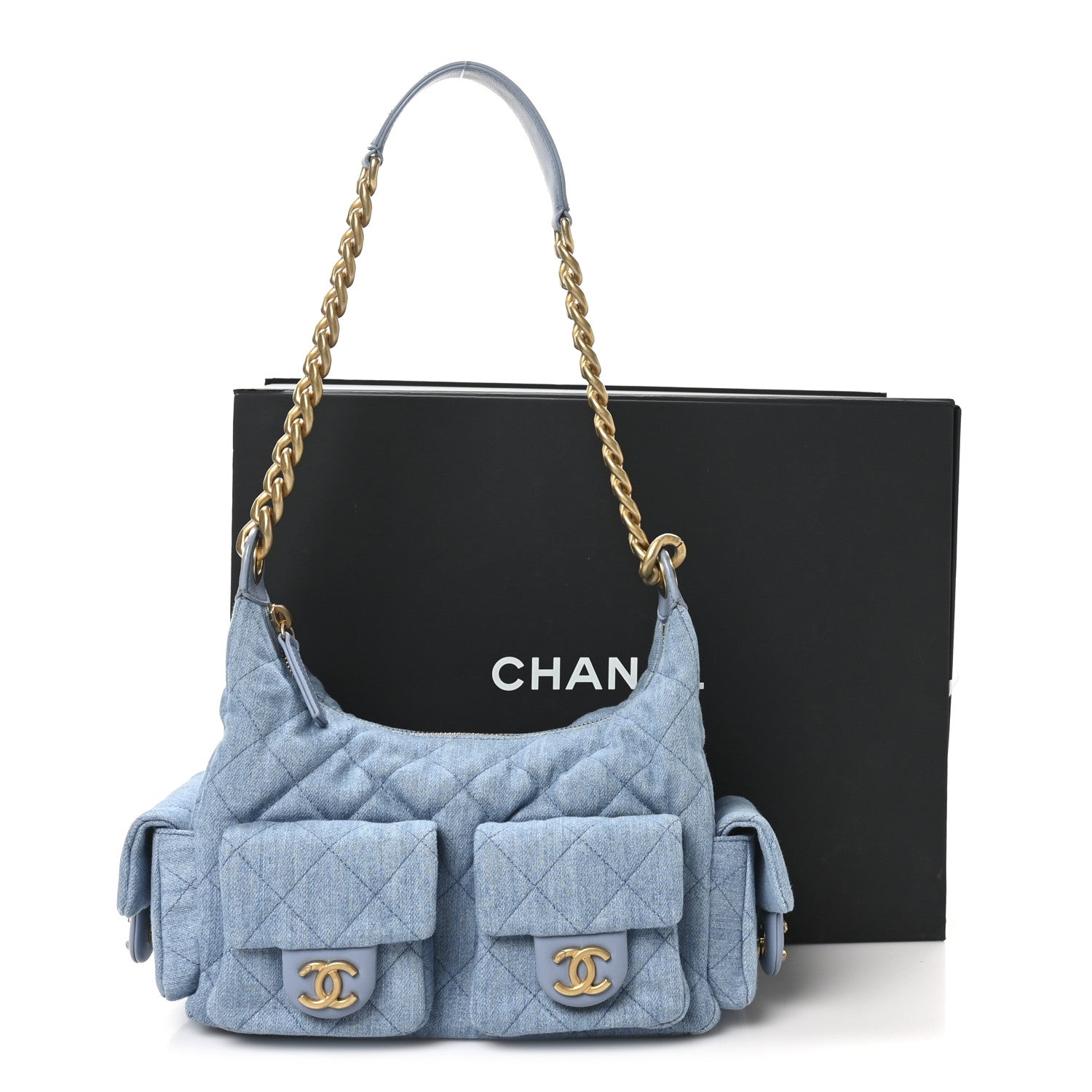 Washed Denim Quilted Large Trendy Pockets Hobo Blue
