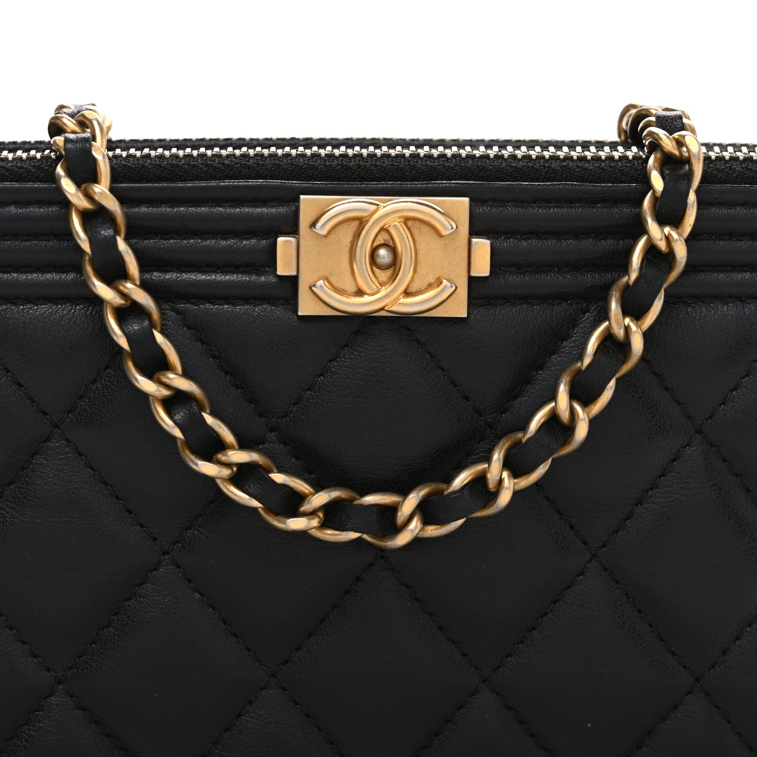 Lambskin Quilted Small Boy Clutch With Chain Black