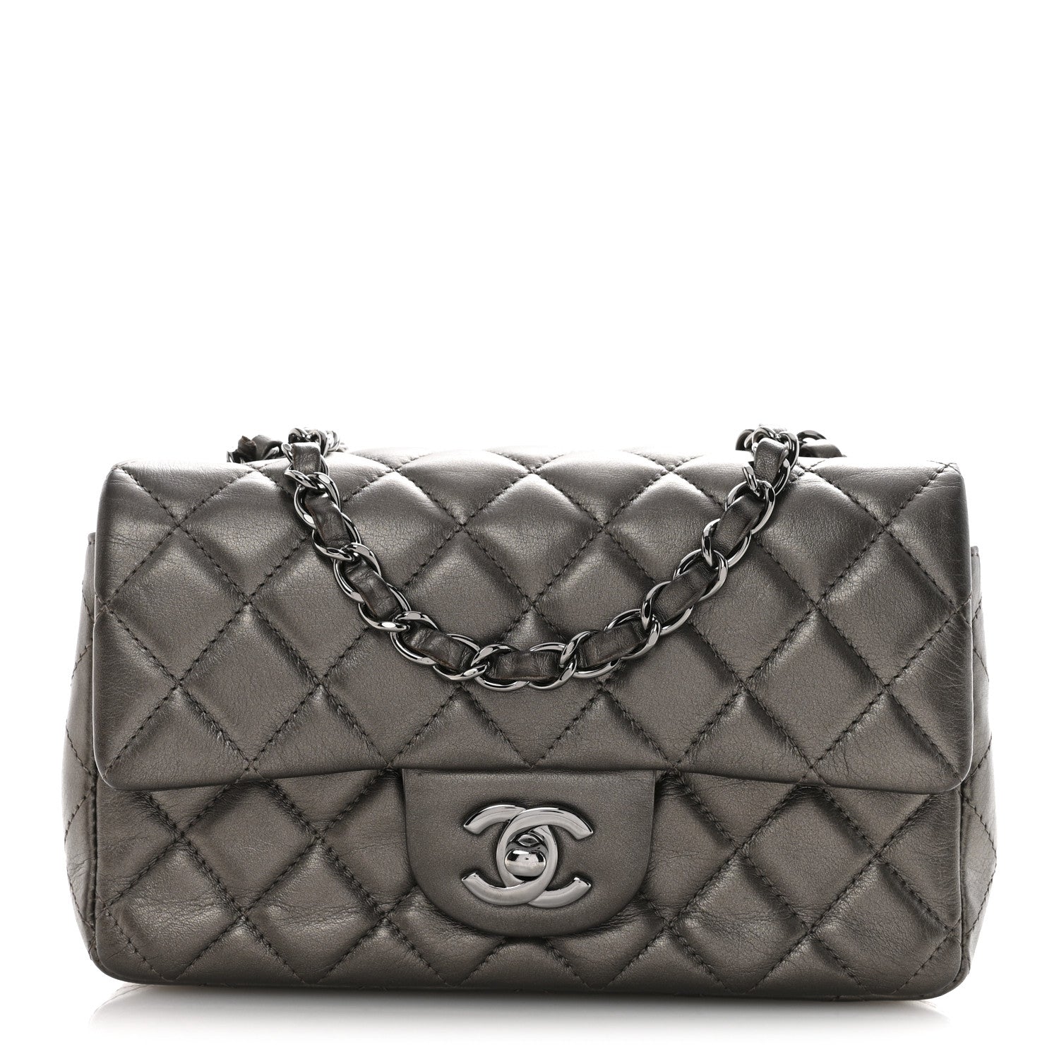 Metallic Lambskin Quilted Mini Rectangular Flap Ruthenium