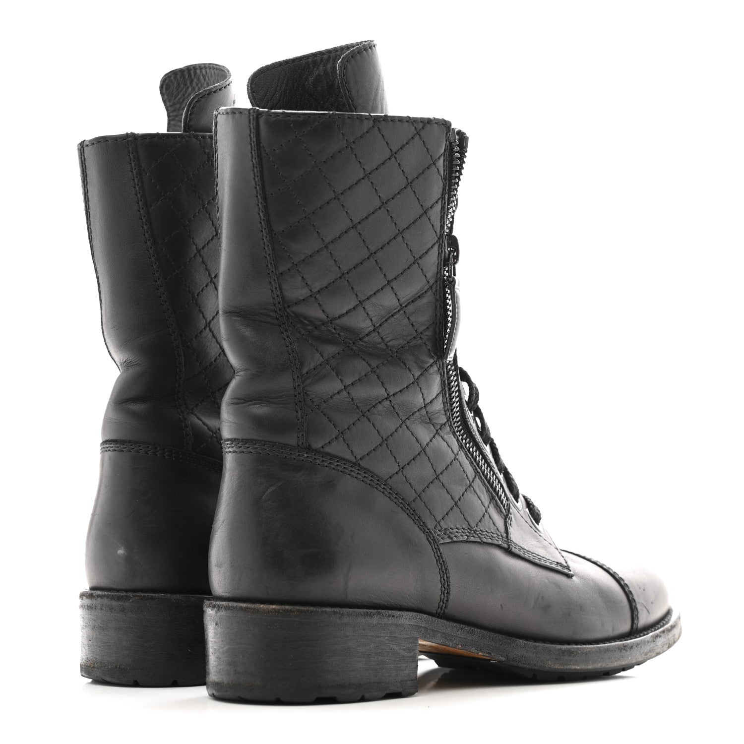 Calfskin Quilted Lace Up Combat Boots  38 Black