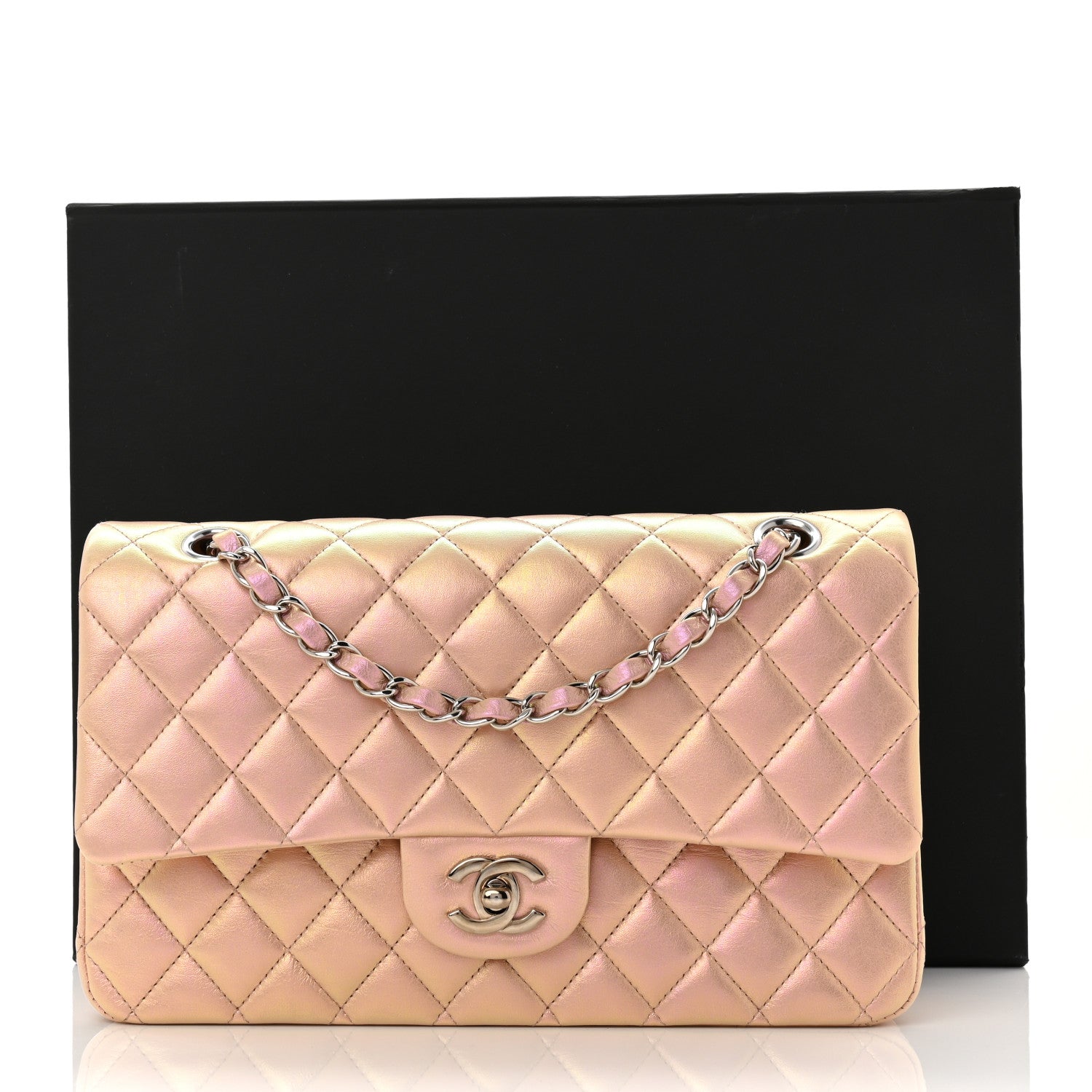 Iridescent Calfskin Quilted Medium Double Flap Pink
