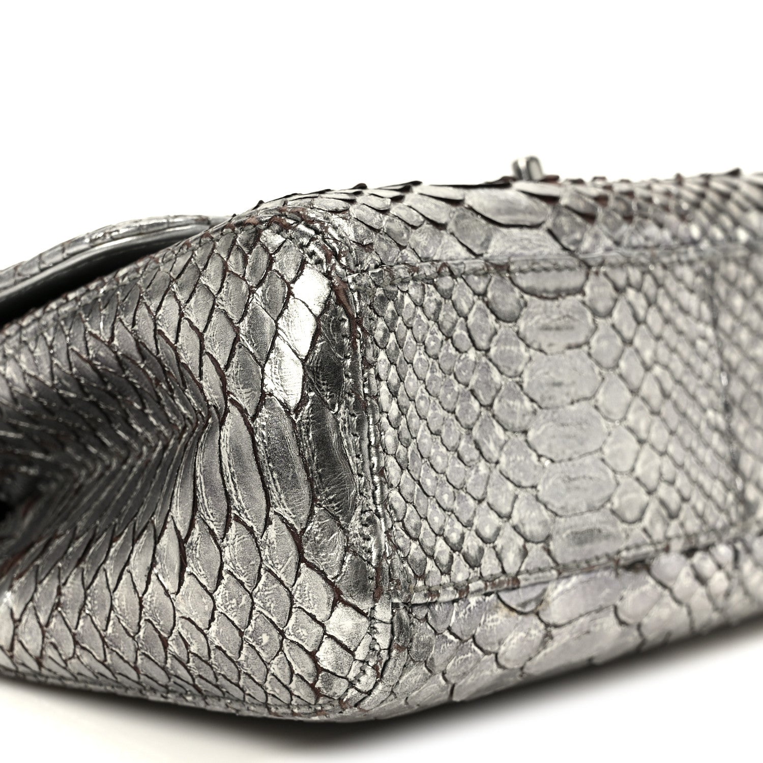 Metallic Snakeskin Medium Single Flap Silver