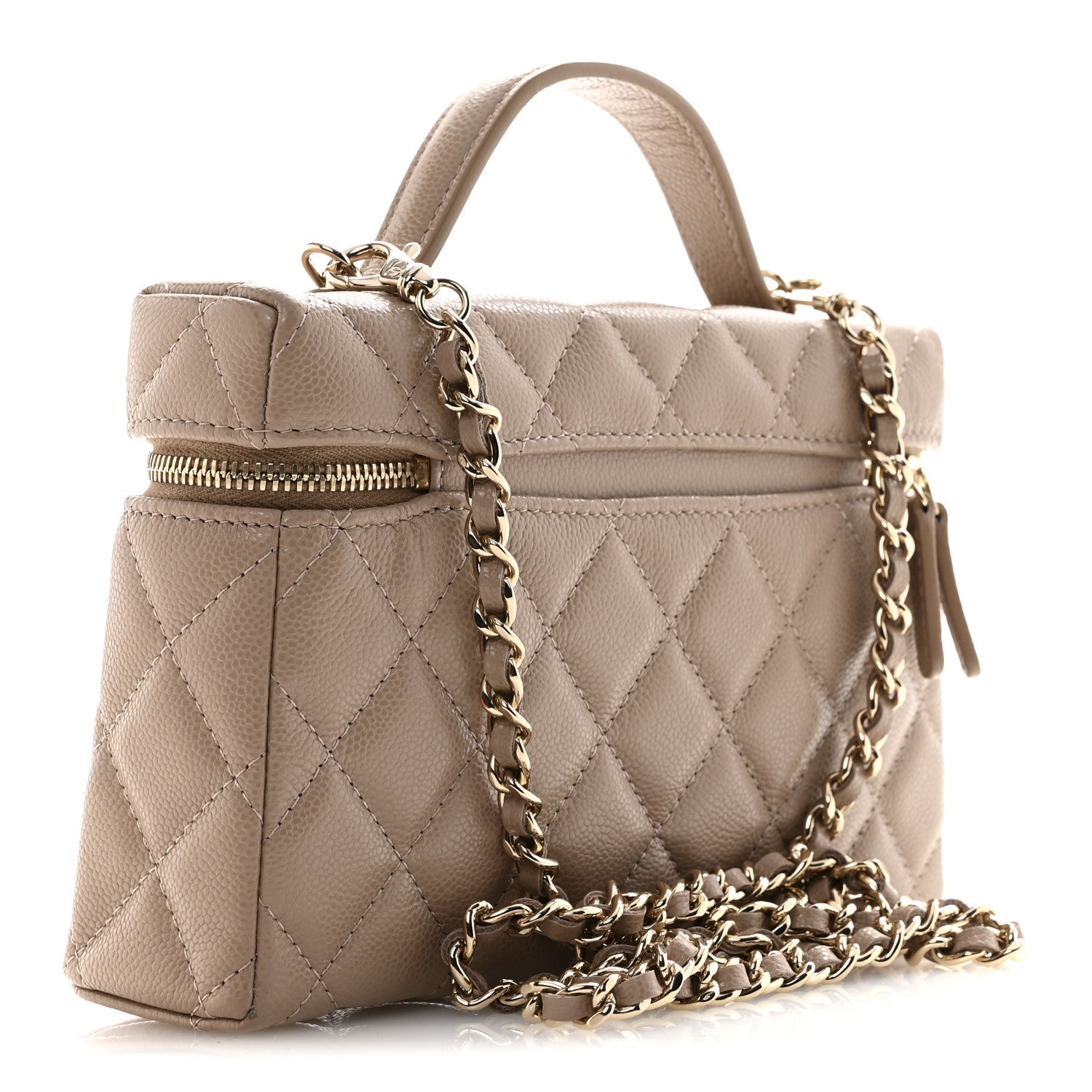 Caviar Quilted Top Handle Slim Vanity With Chain Dark Beige