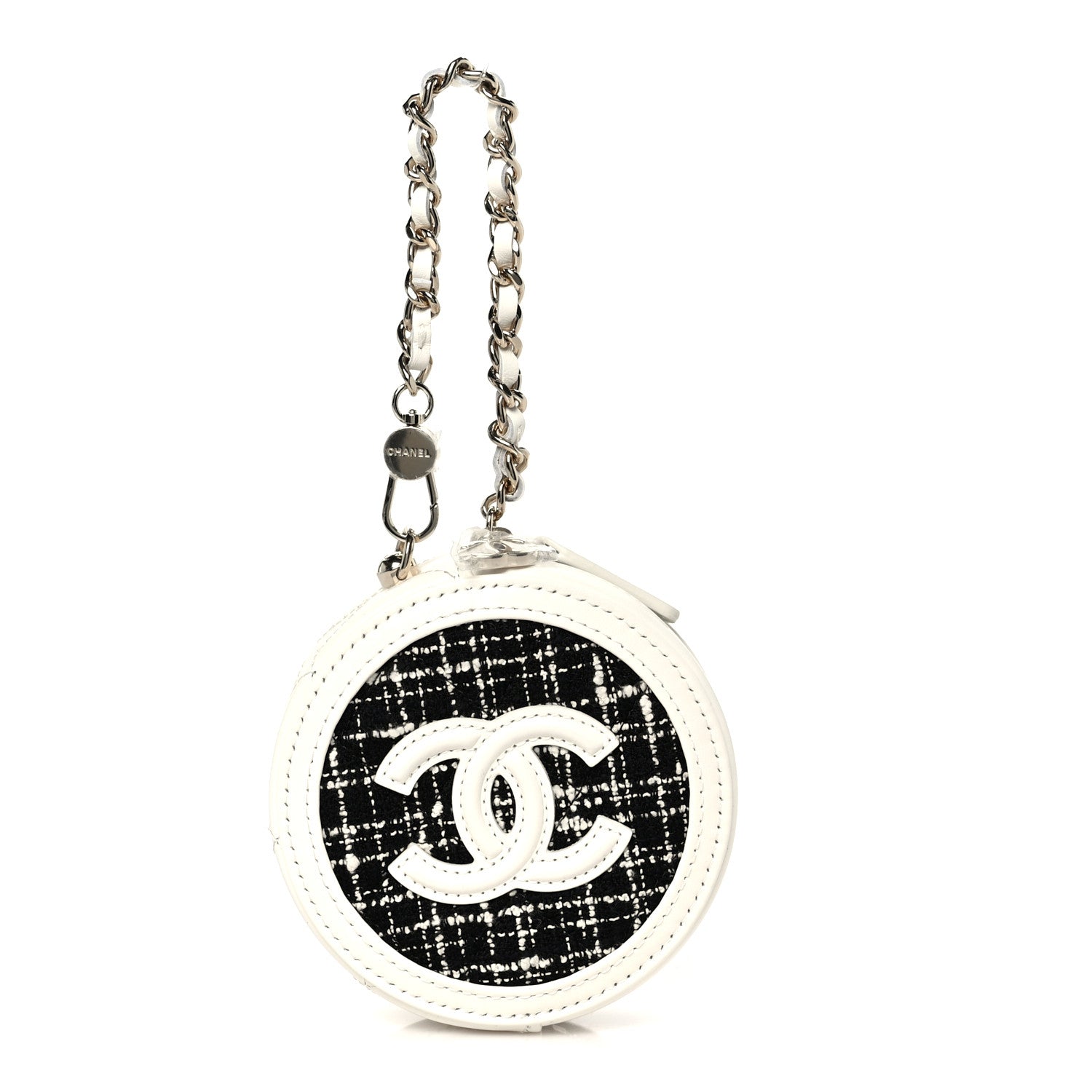 Tweed Quilted Round Filigree Pouch With Chain White Black