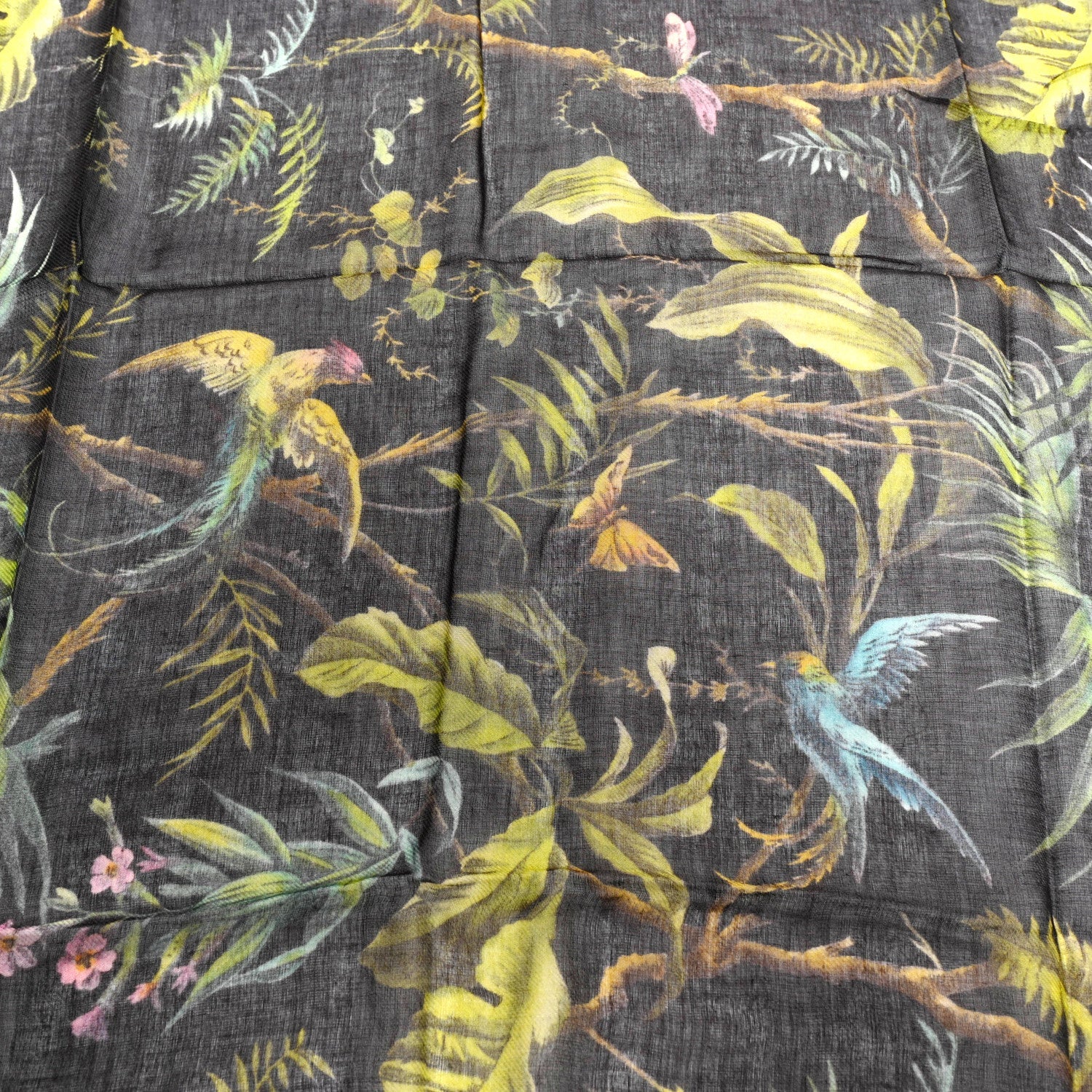 Modal Wool Tropical Print Shawl Scarf Black Multi