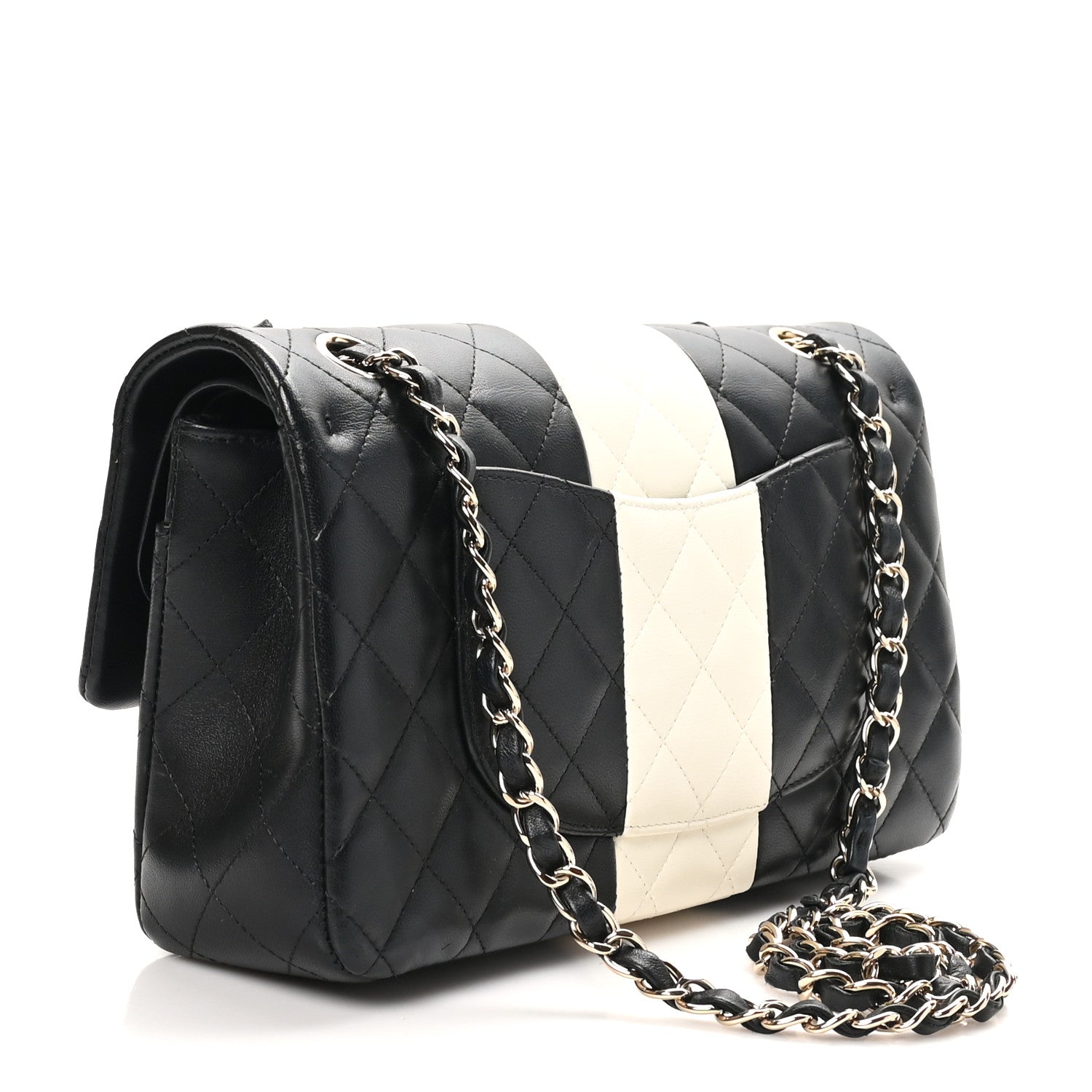 Lambskin Quilted Medium Double Flap Black White