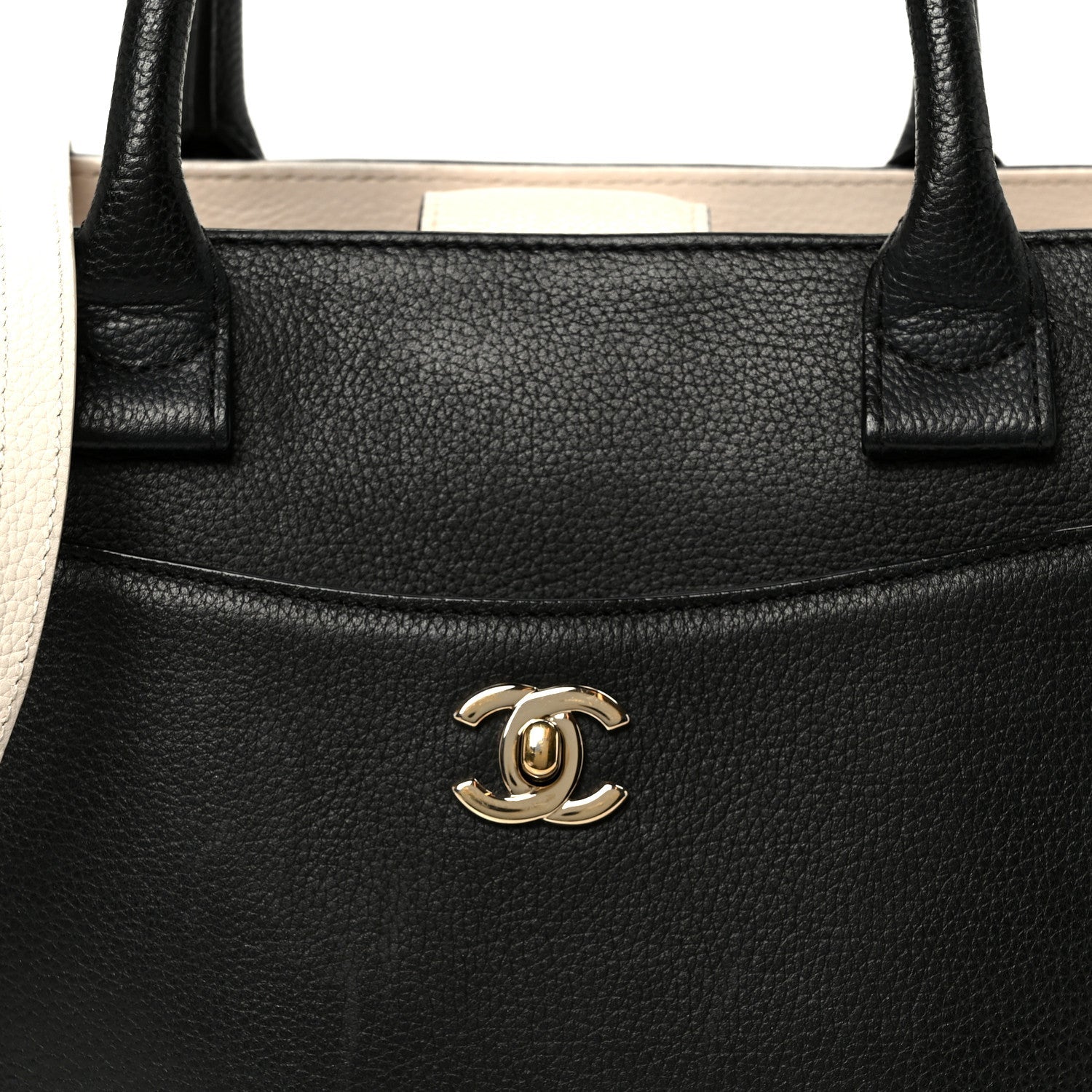 Grained Calfskin Small Bi-Color Neo Executive Shopper Tote Black Beige