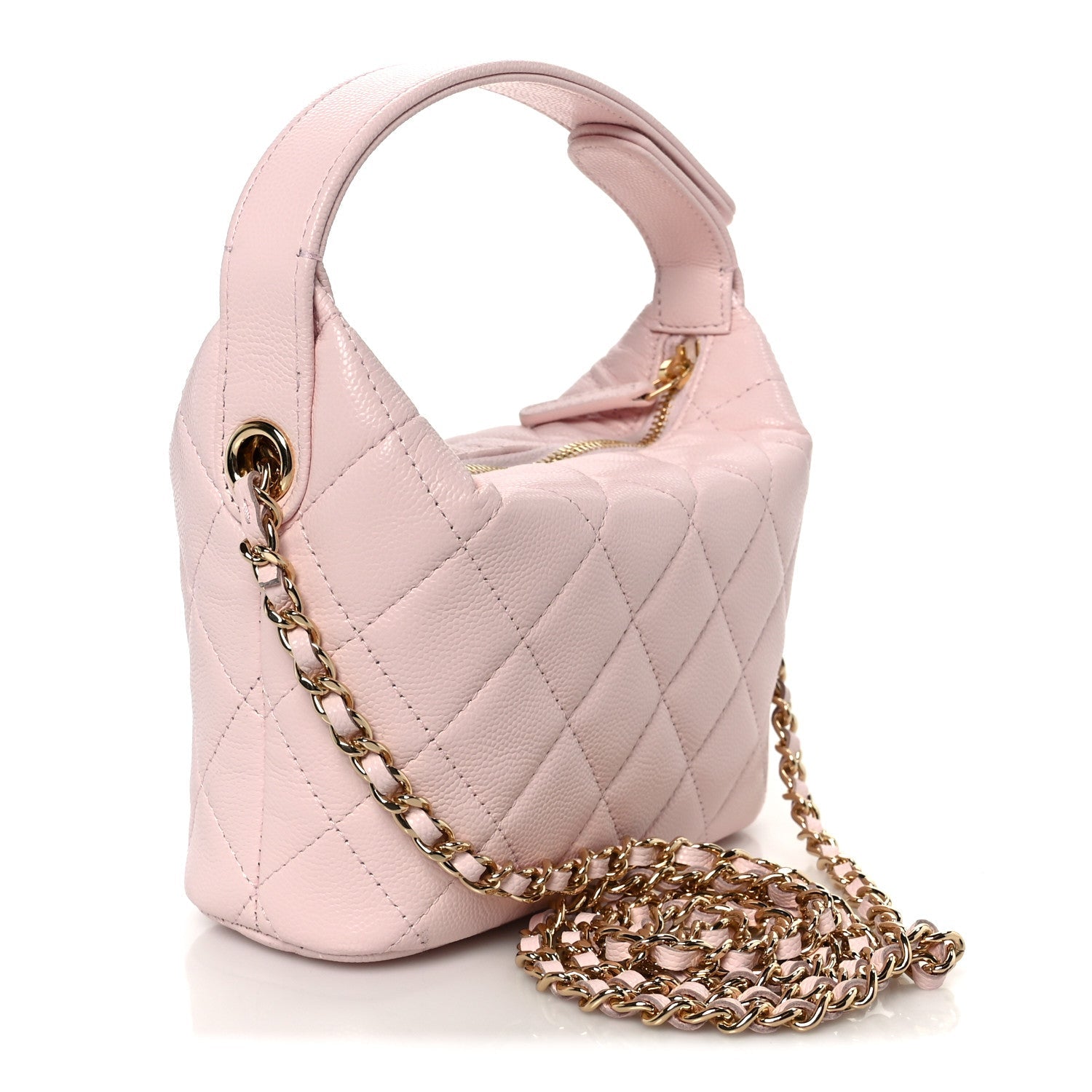 Shiny Caviar Hobo Clutch With Chain Light Pink