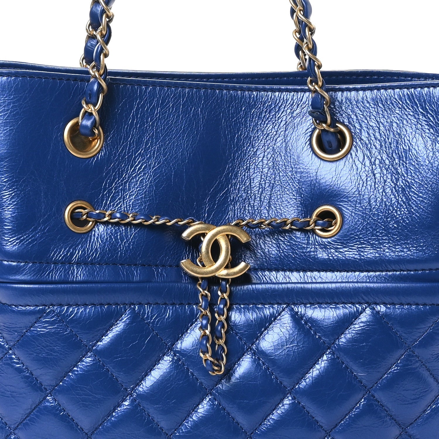 Metallic Aged Calfskin Quilted Drawstring Shopping Tote Blue