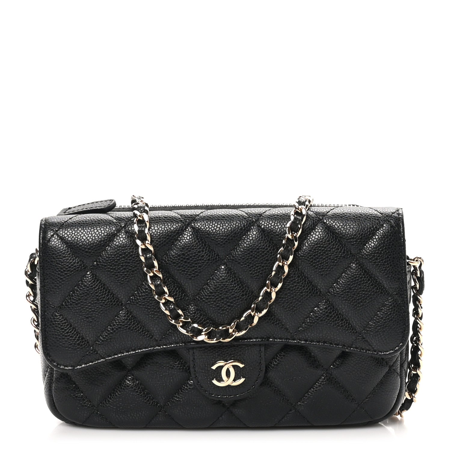Caviar Quilted Flap Phone Holder With Chain Black