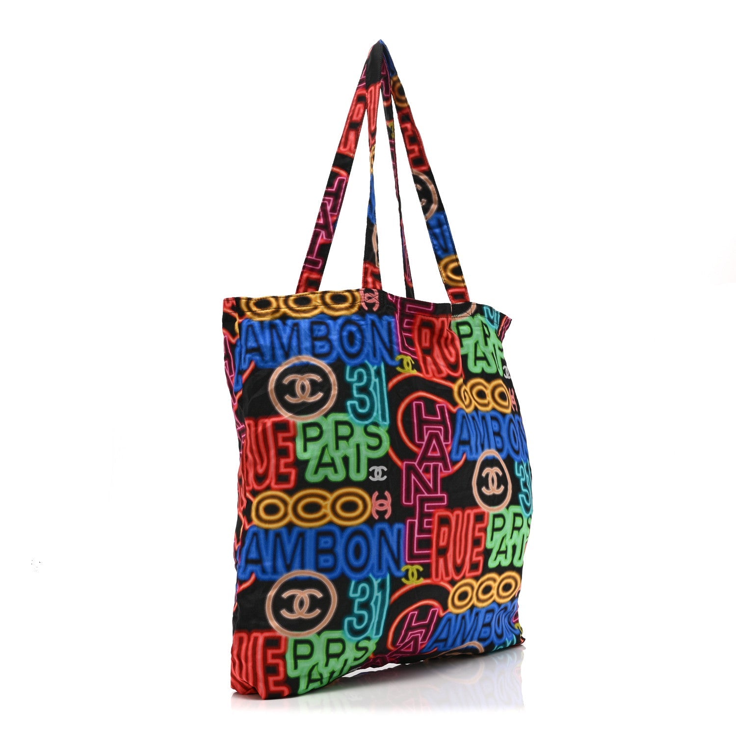 Caviar Fabric Graffiti Foldable Tote Bag With Chain Black Multicolor