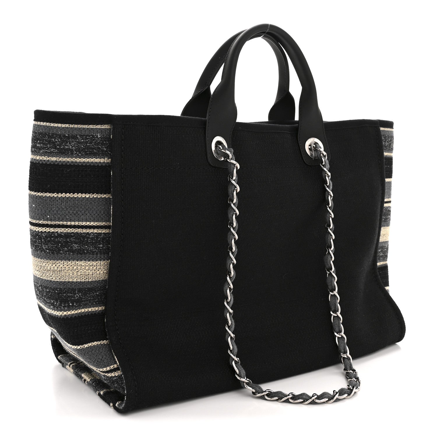 Striped Canvas Medium Deauville Tote Grey Black
