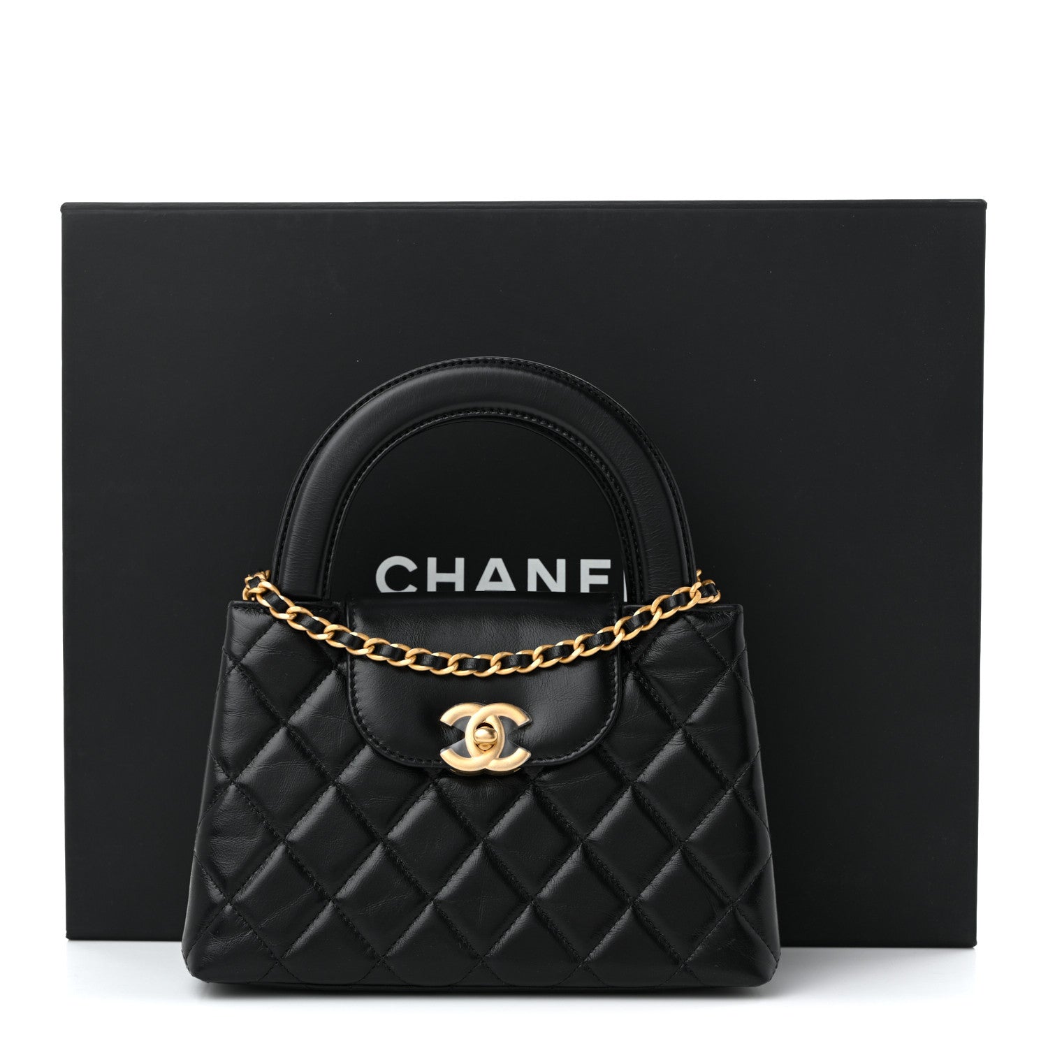 Shiny Aged Calfskin Quilted Nano Kelly Shopper Black
