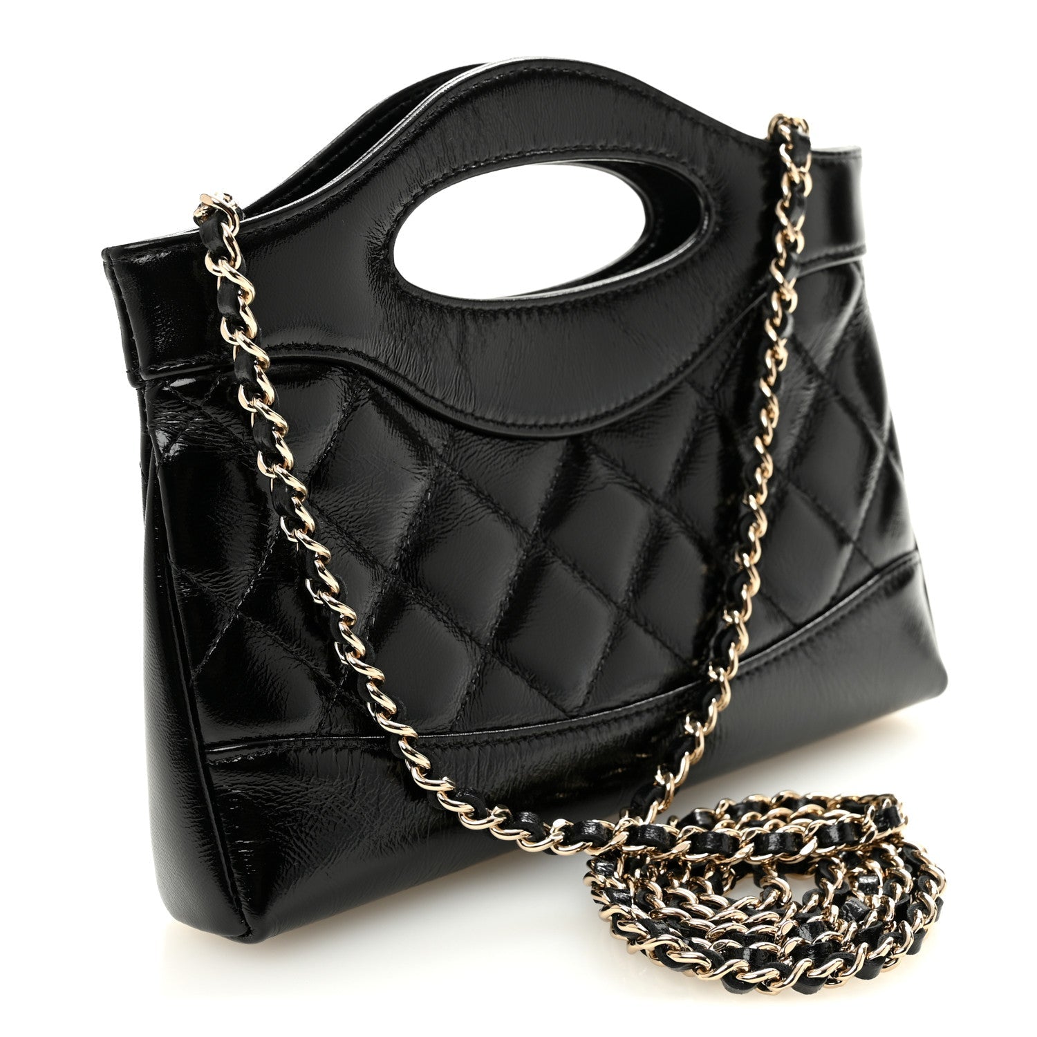 Shiny Crumpled Calfskin Quilted Nano 31 Shopping Bag Black