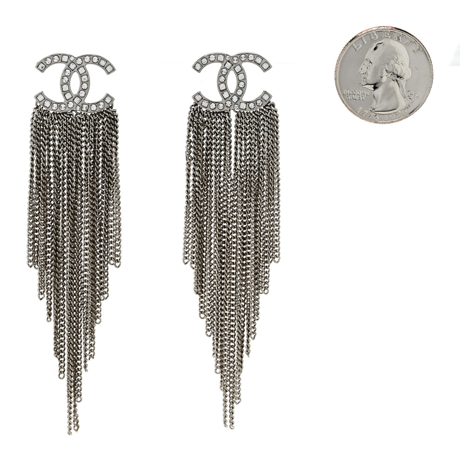Baguette Crystal CC Chain Drop Earrings Silver