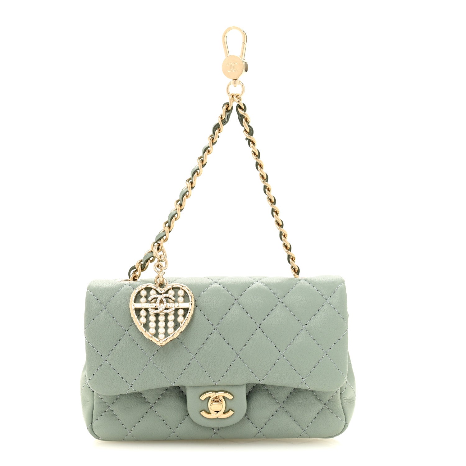 Lambskin Quilted Mini Flap Bag Charm With Hook Light Green