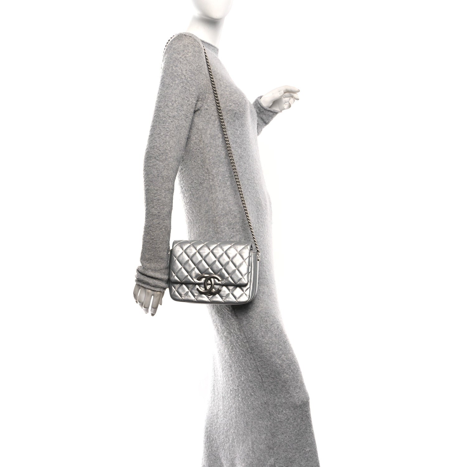 Metallic Lambskin Quilted Mini Maxi CC Flap Argent