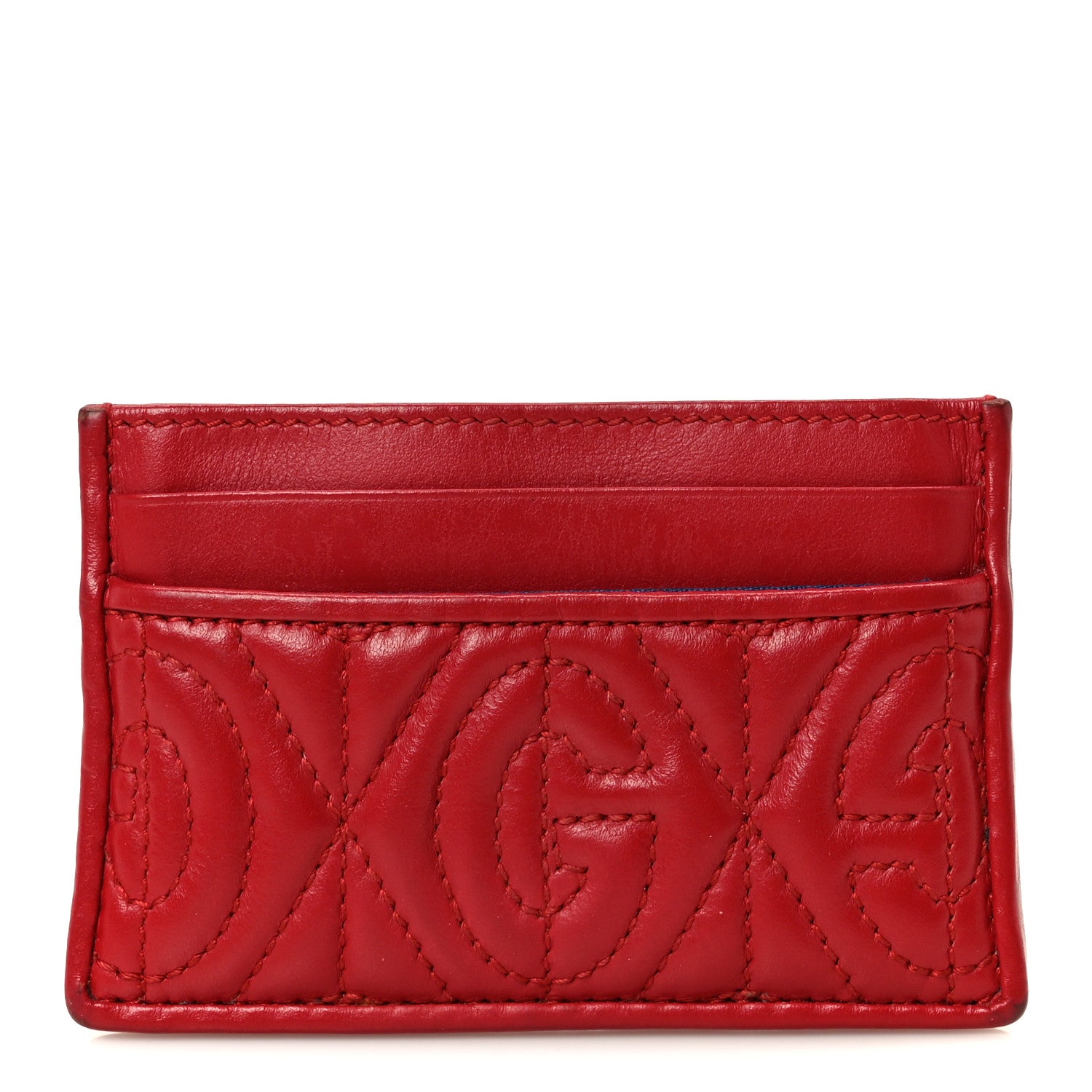 Calfskin G Rhombus Quilted Card Holder Hibiscus Red