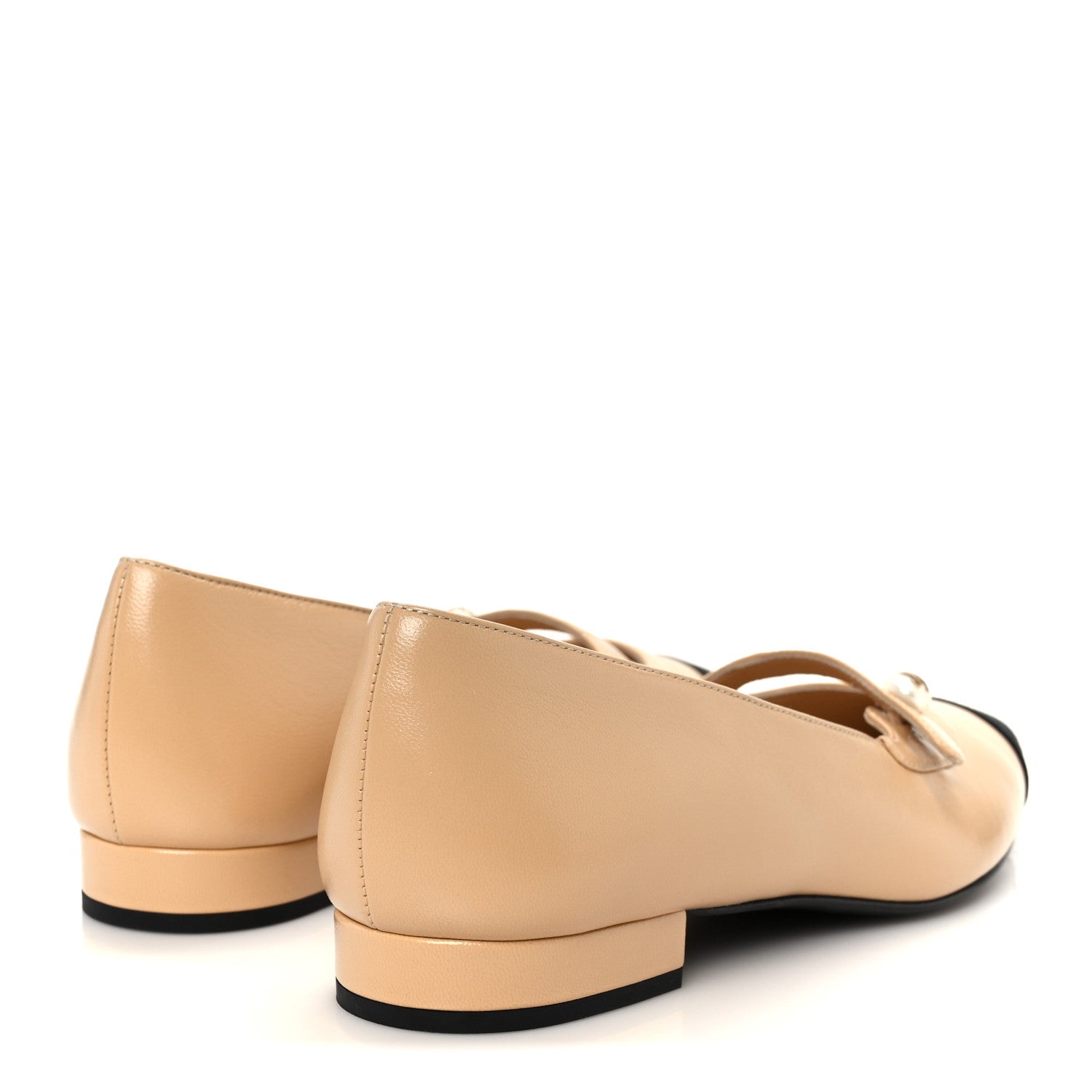 Shiny Lambskin Grosgrain Pointed Toe CC Ballet Flats 37.5 Beige Black