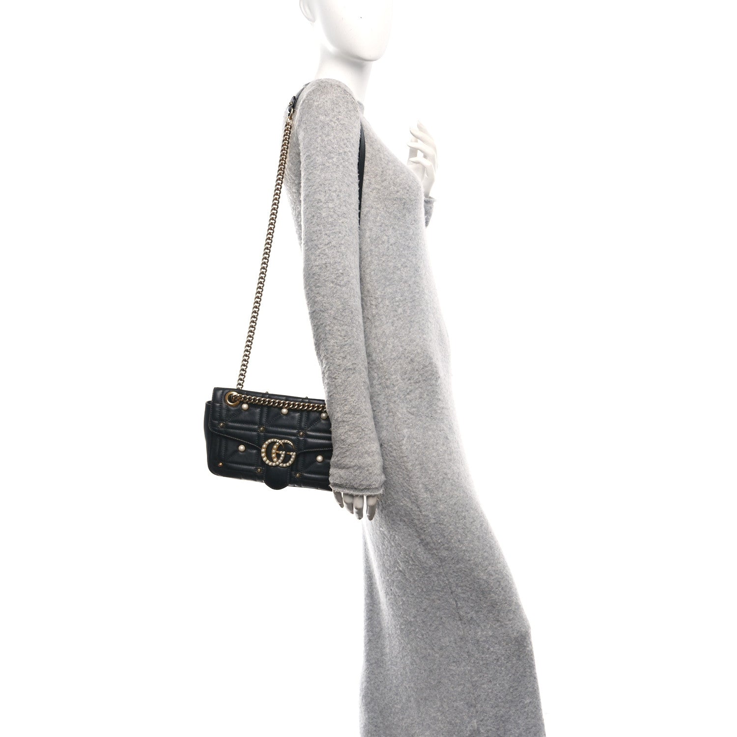 Calfskin Matelasse Studded Small Pearly GG Marmont Shoulder Bag Black