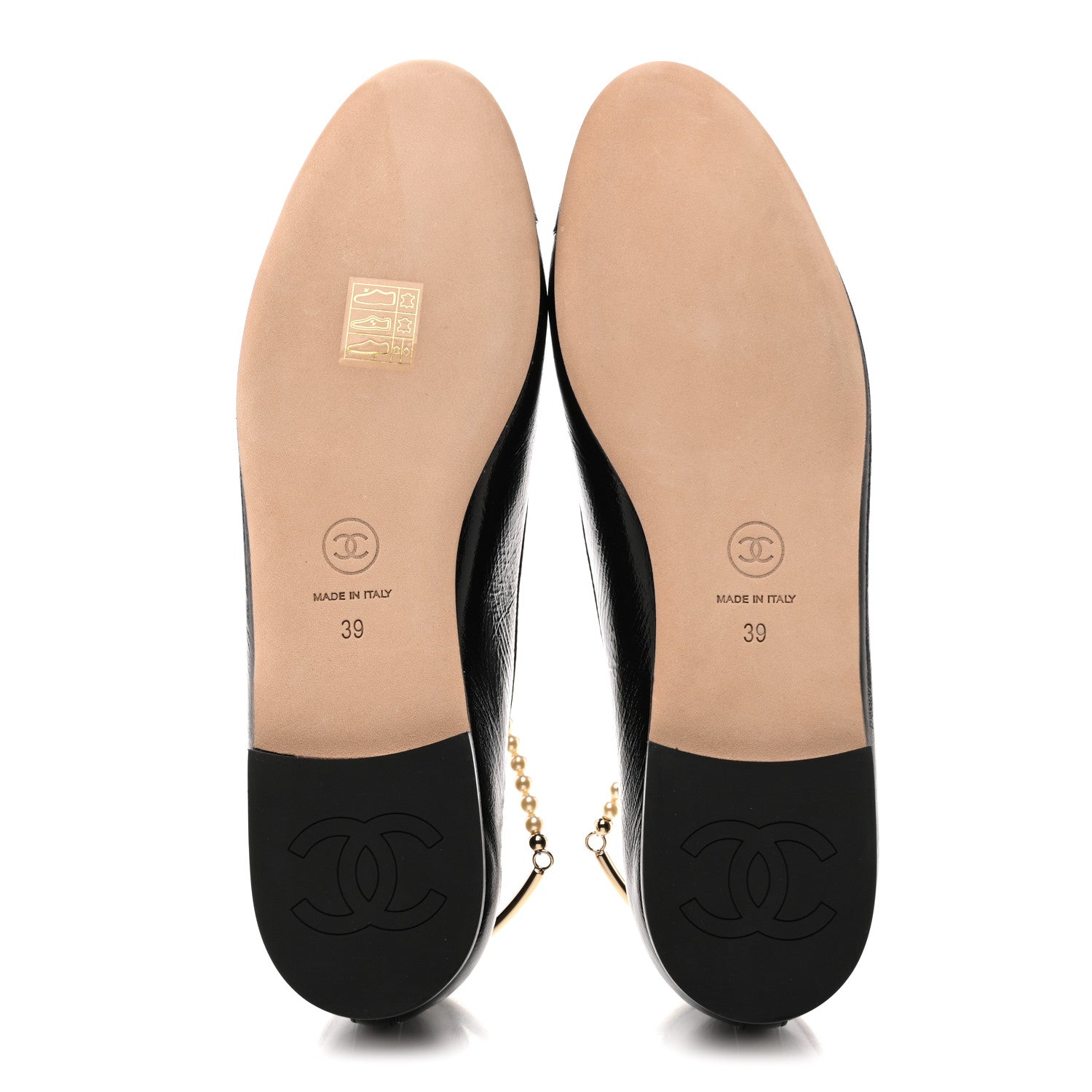 Shiny Lambskin Pearl Cap Toe Ankle Chain Ballerina Flats 39 Black