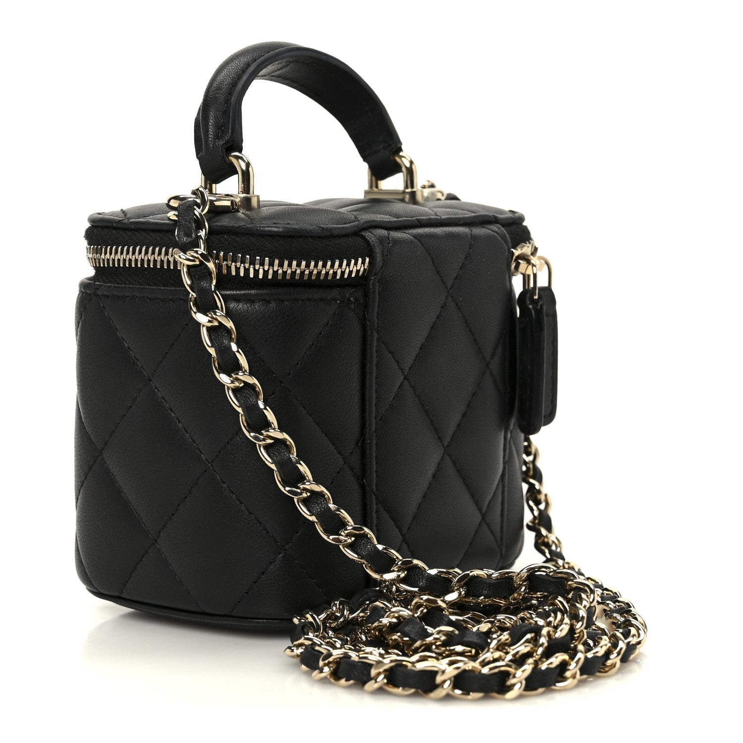 Lambskin Quilted Top Handle Mini Vanity Case With Chain Black