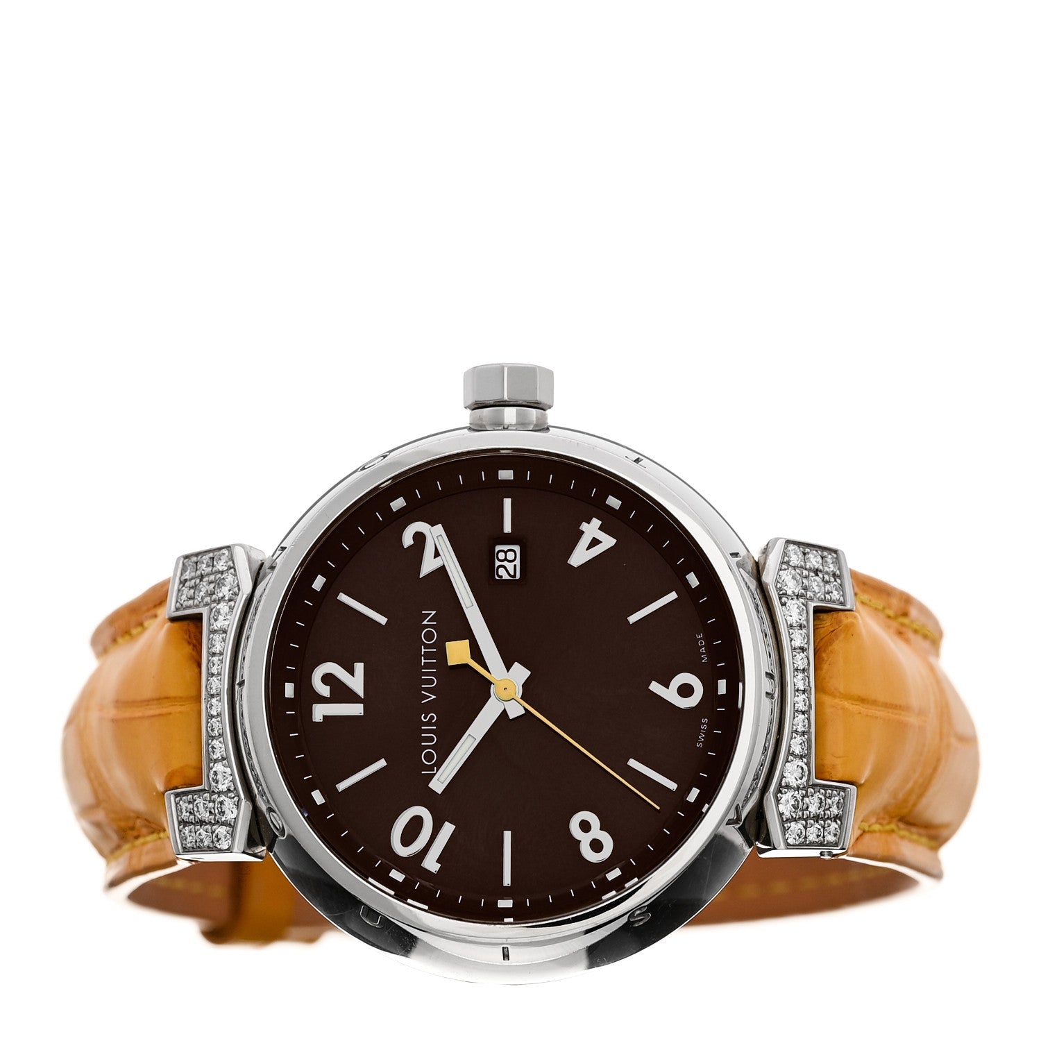 Stainless Steel Alligator Diamond 39mm Tambour Quartz Watch Brown