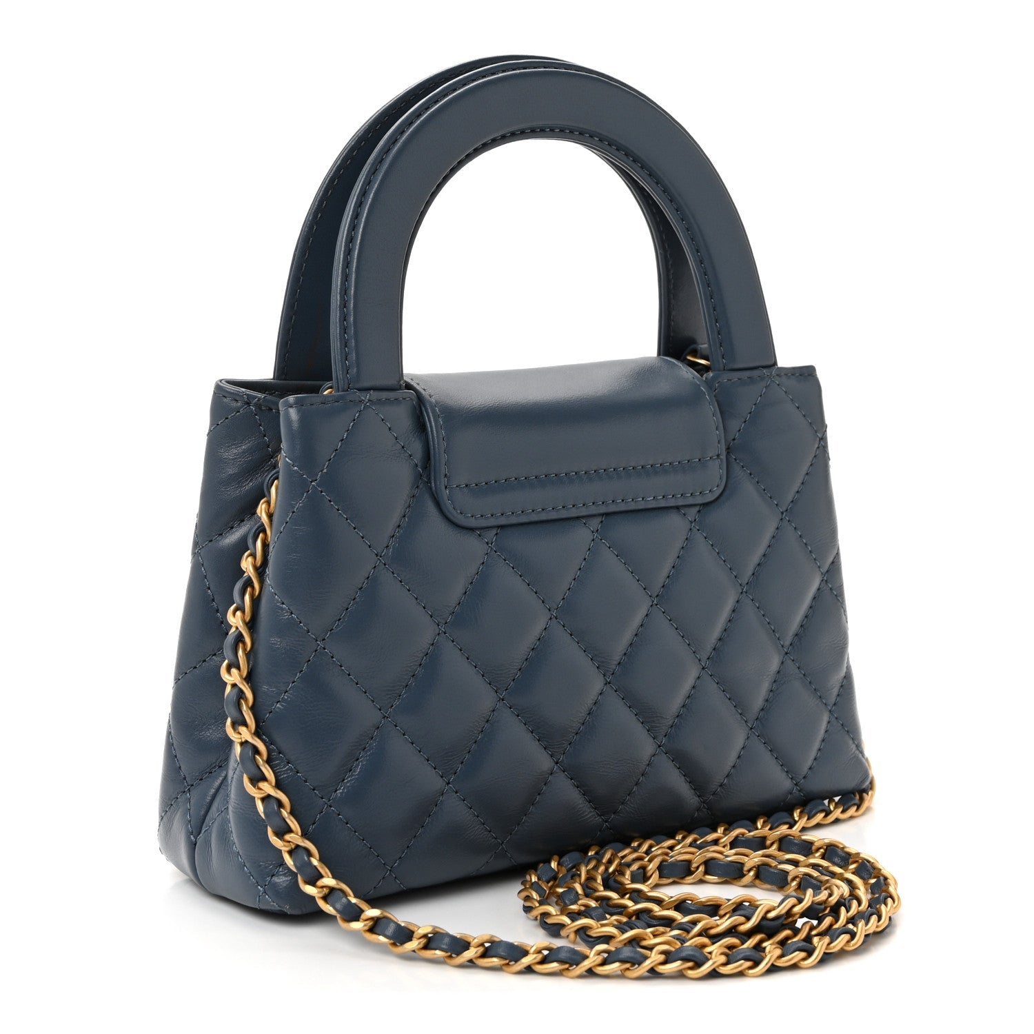 Shiny Aged Calfskin Quilted Nano Kelly Shopper Dark Blue