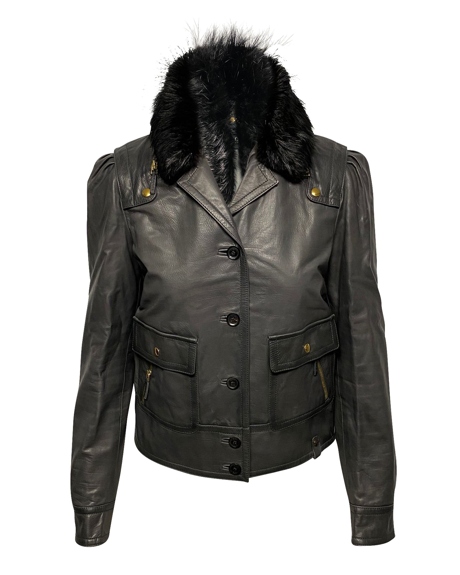 Women's Gucci Jacket with Fur Collar Detail in Black Leather