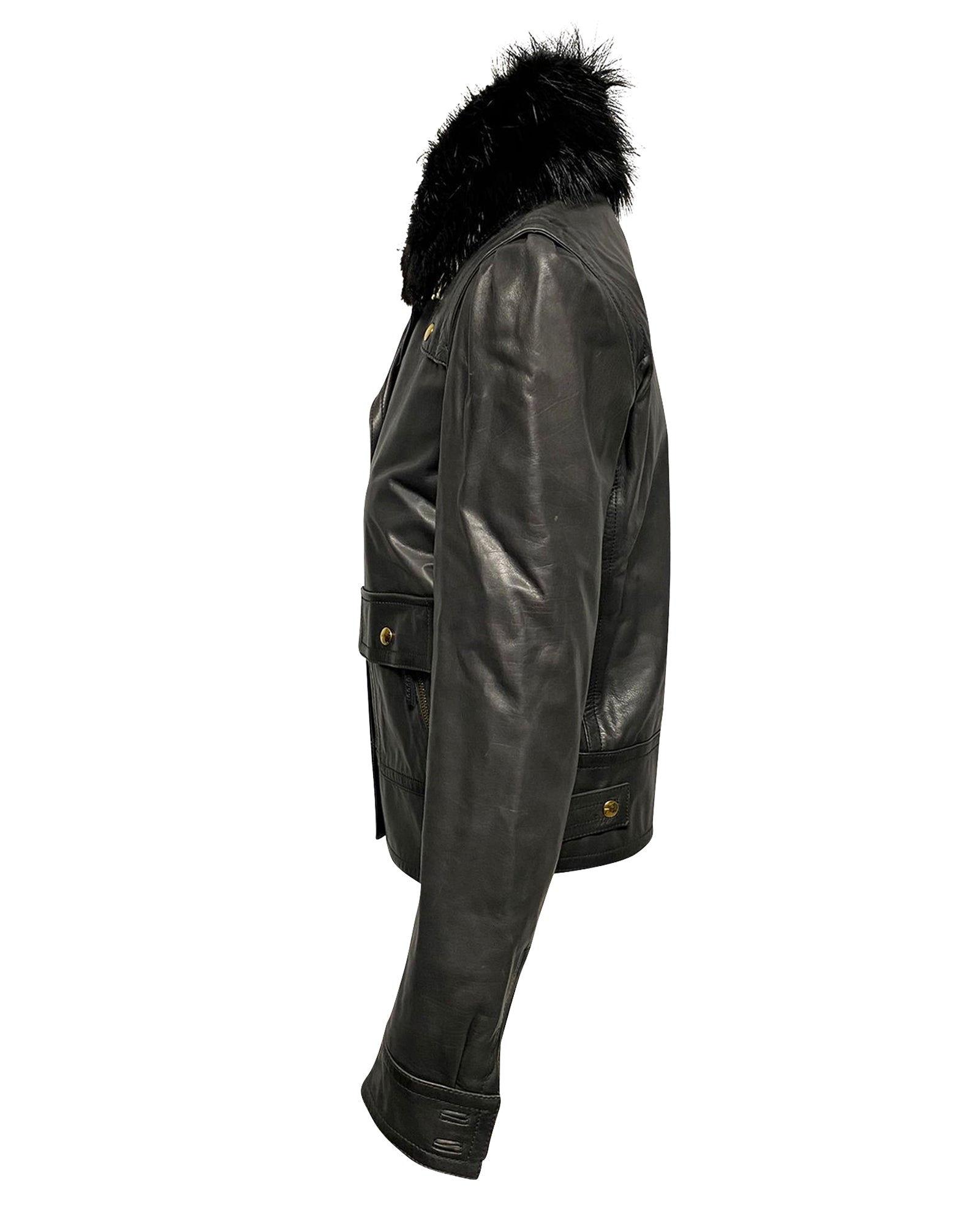 Women's Gucci Jacket with Fur Collar Detail in Black Leather