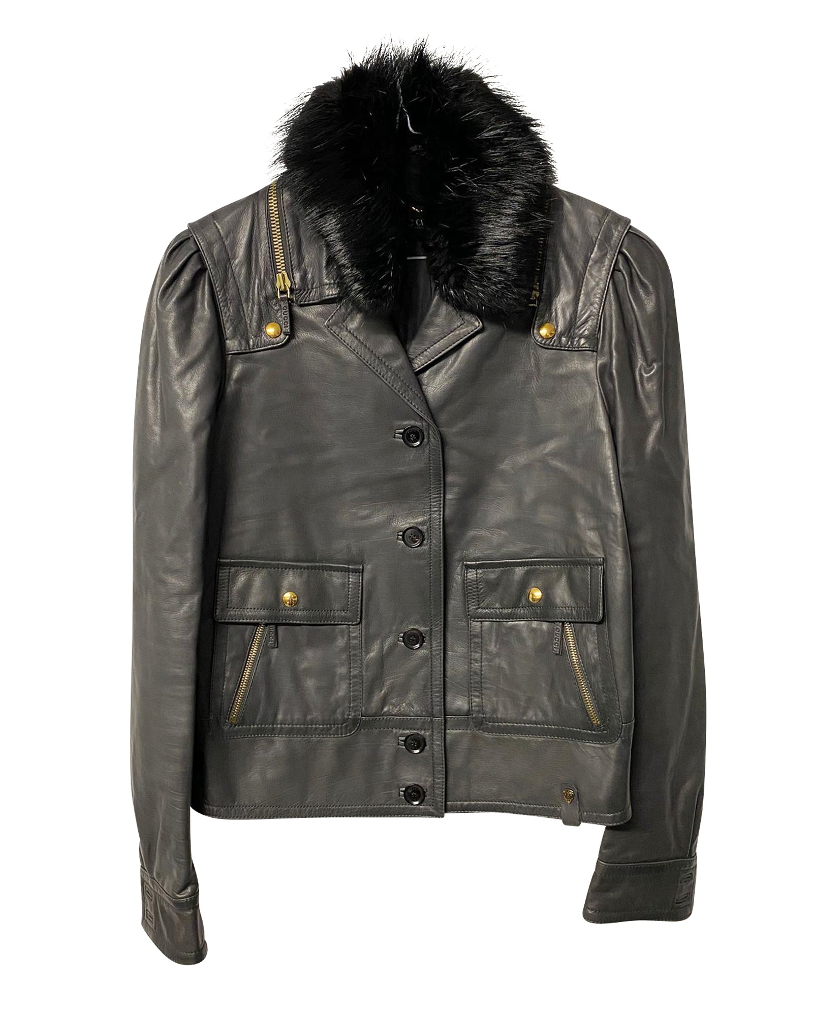 Women's Gucci Jacket with Fur Collar Detail in Black Leather