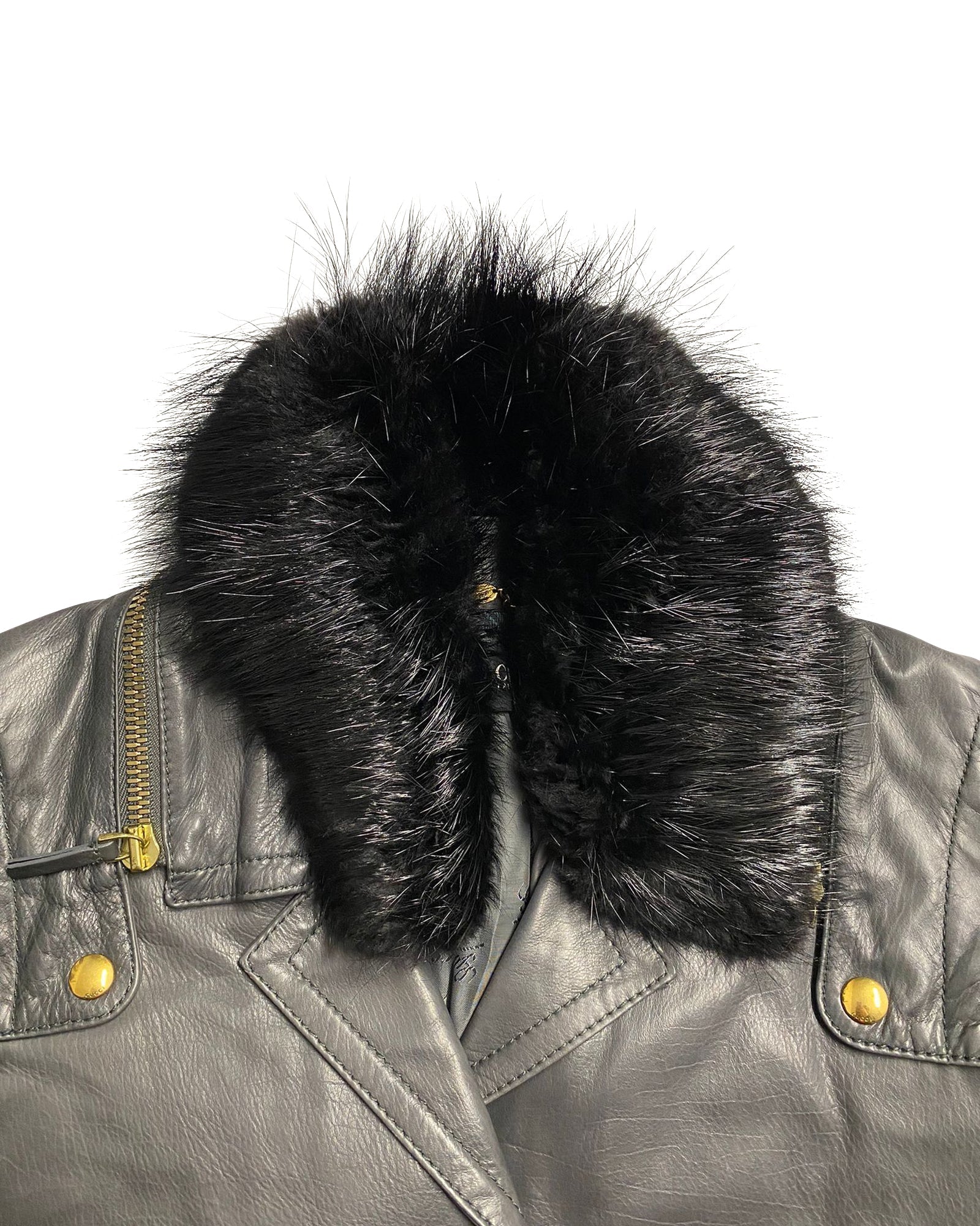 Women's Gucci Jacket with Fur Collar Detail in Black Leather