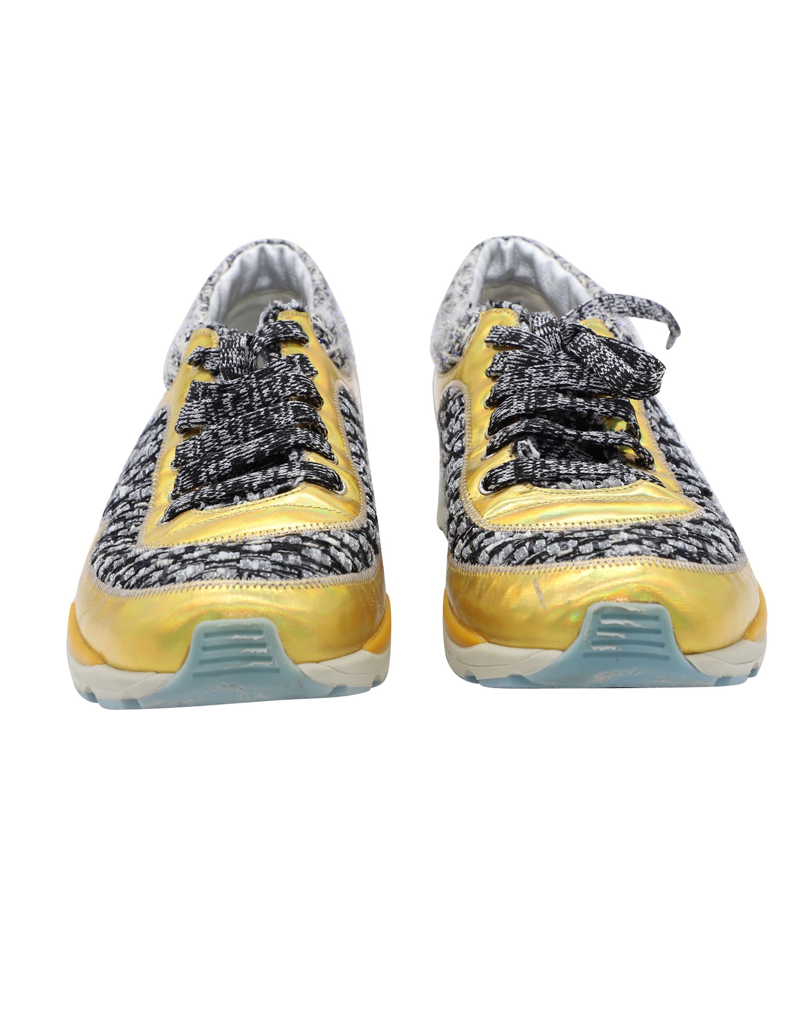 Women's Chanel Tweed Lace Up Sneakers in Multicolor Leather