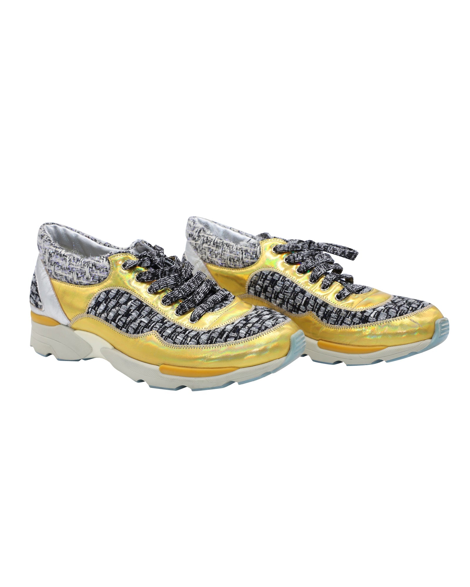 Women's Chanel Tweed Lace Up Sneakers in Multicolor Leather