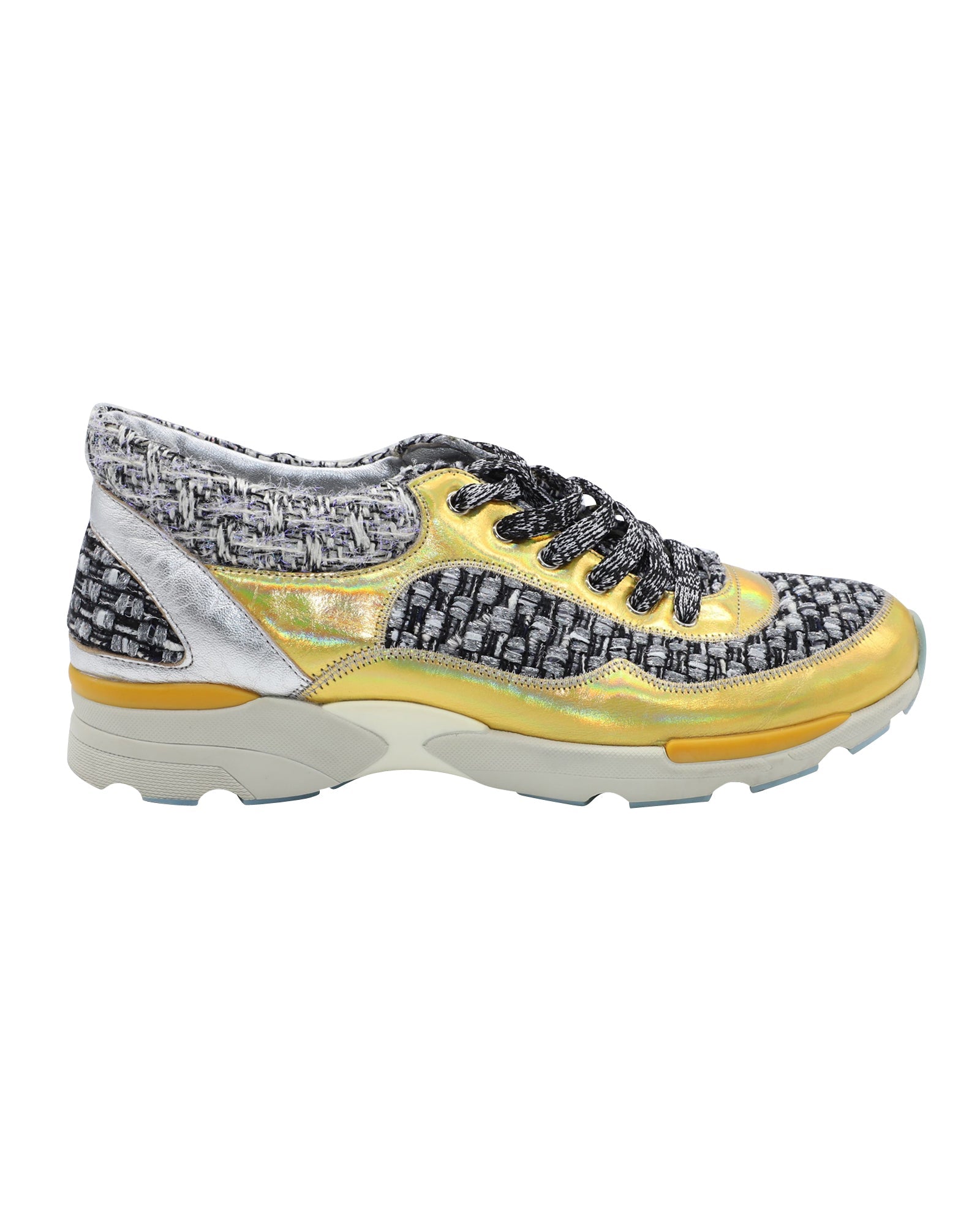 Women's Chanel Tweed Lace Up Sneakers in Multicolor Leather