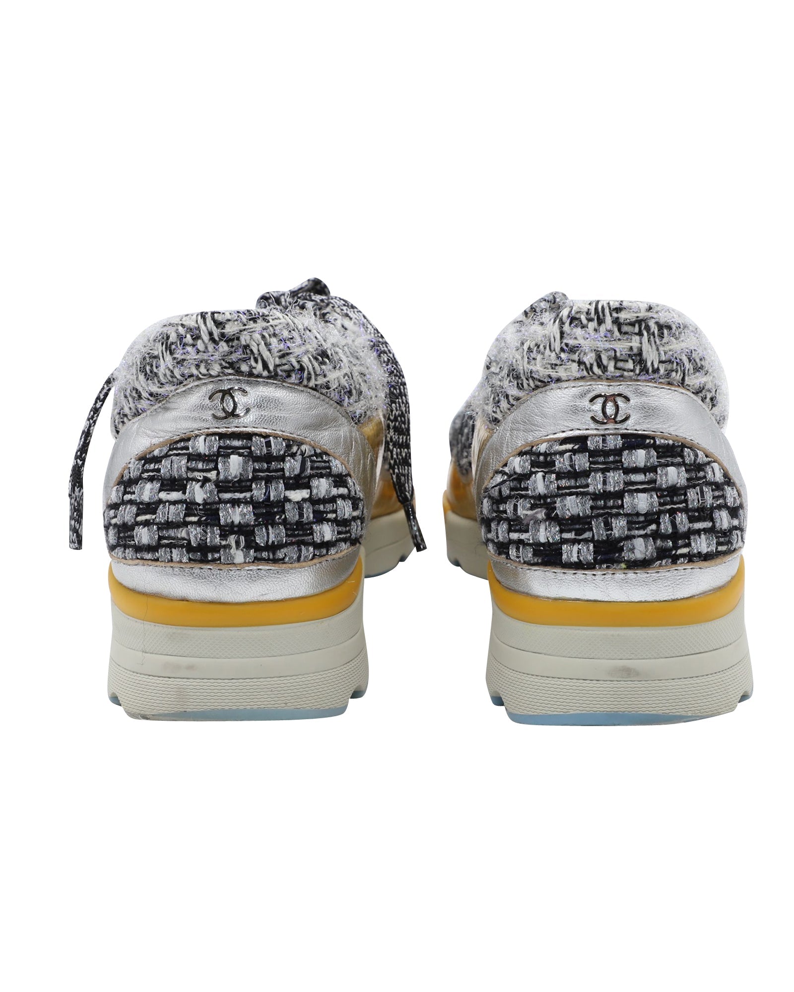Women's Chanel Tweed Lace Up Sneakers in Multicolor Leather