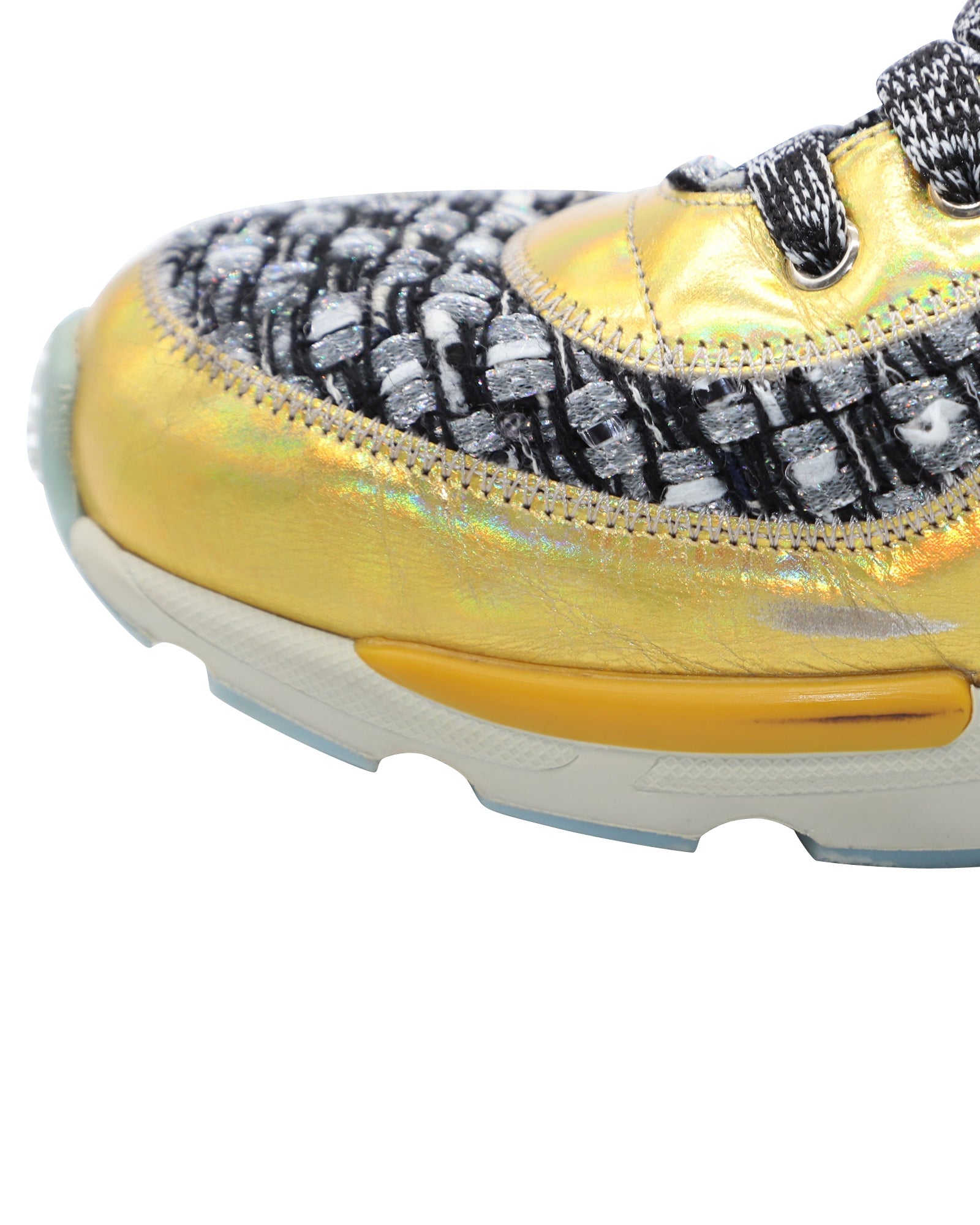 Women's Chanel Tweed Lace Up Sneakers in Multicolor Leather