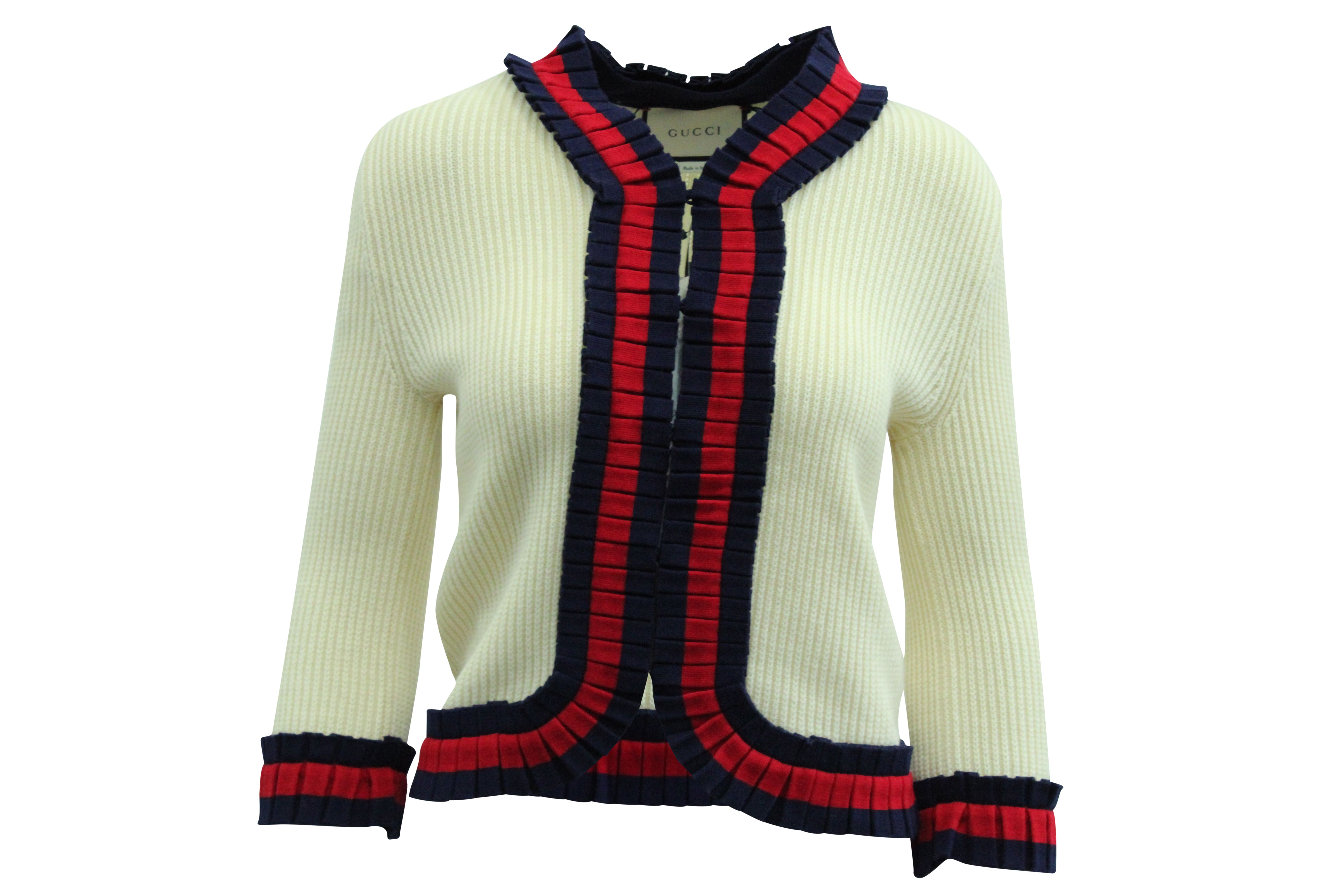Women's Gucci Knitted Web-Trim Jacket in Beige Wool