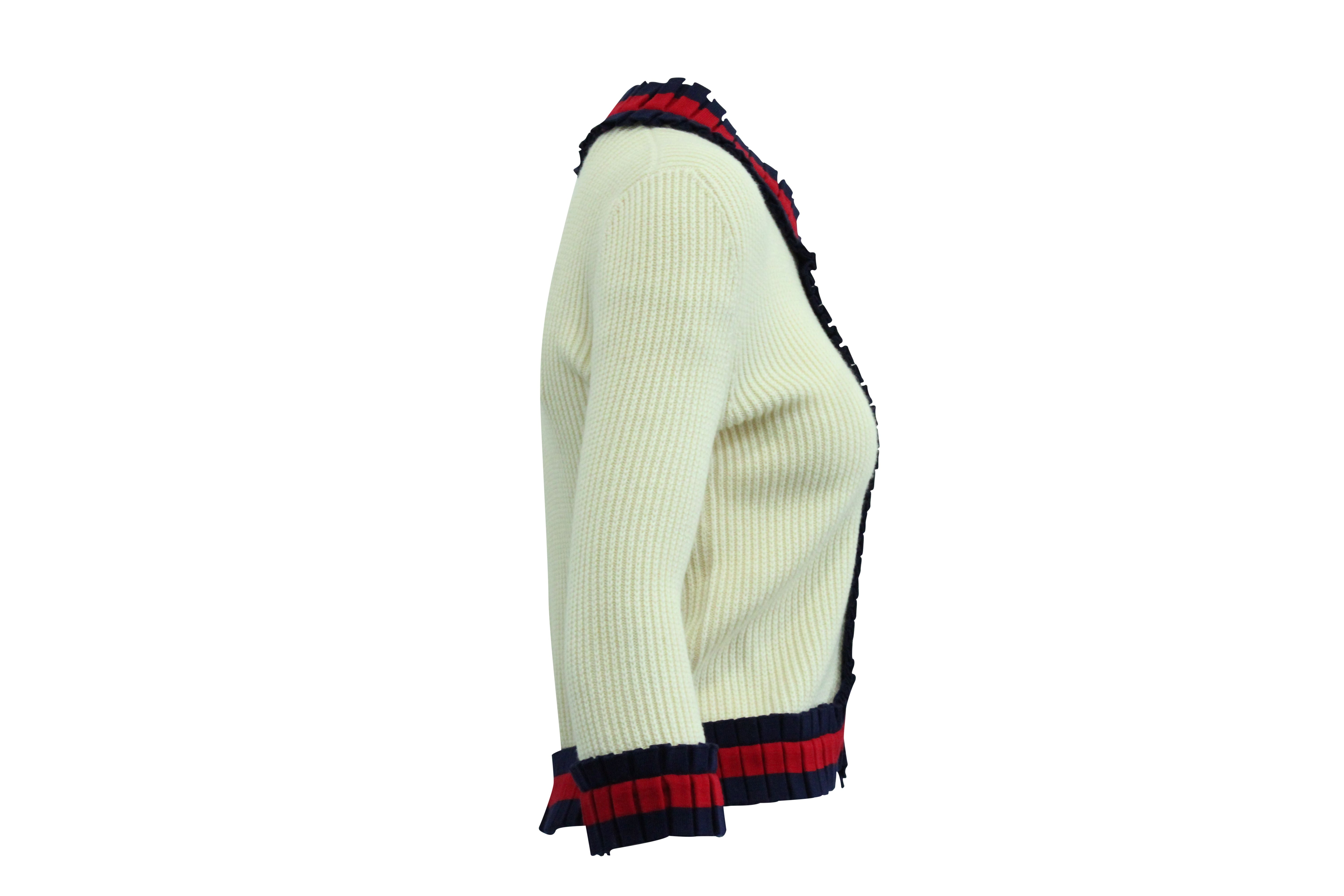 Women's Gucci Knitted Web-Trim Jacket in Beige Wool