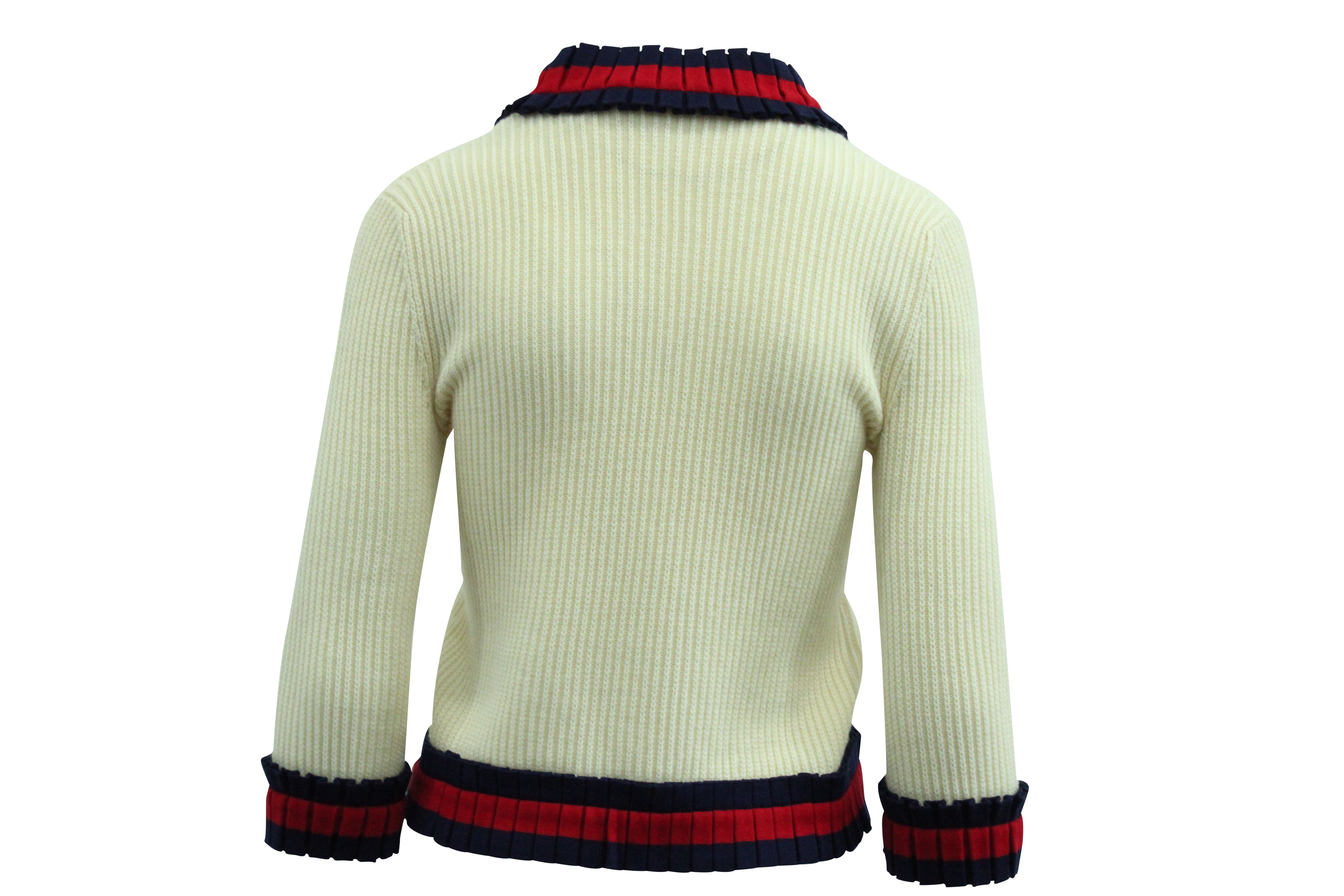Women's Gucci Knitted Web-Trim Jacket in Beige Wool