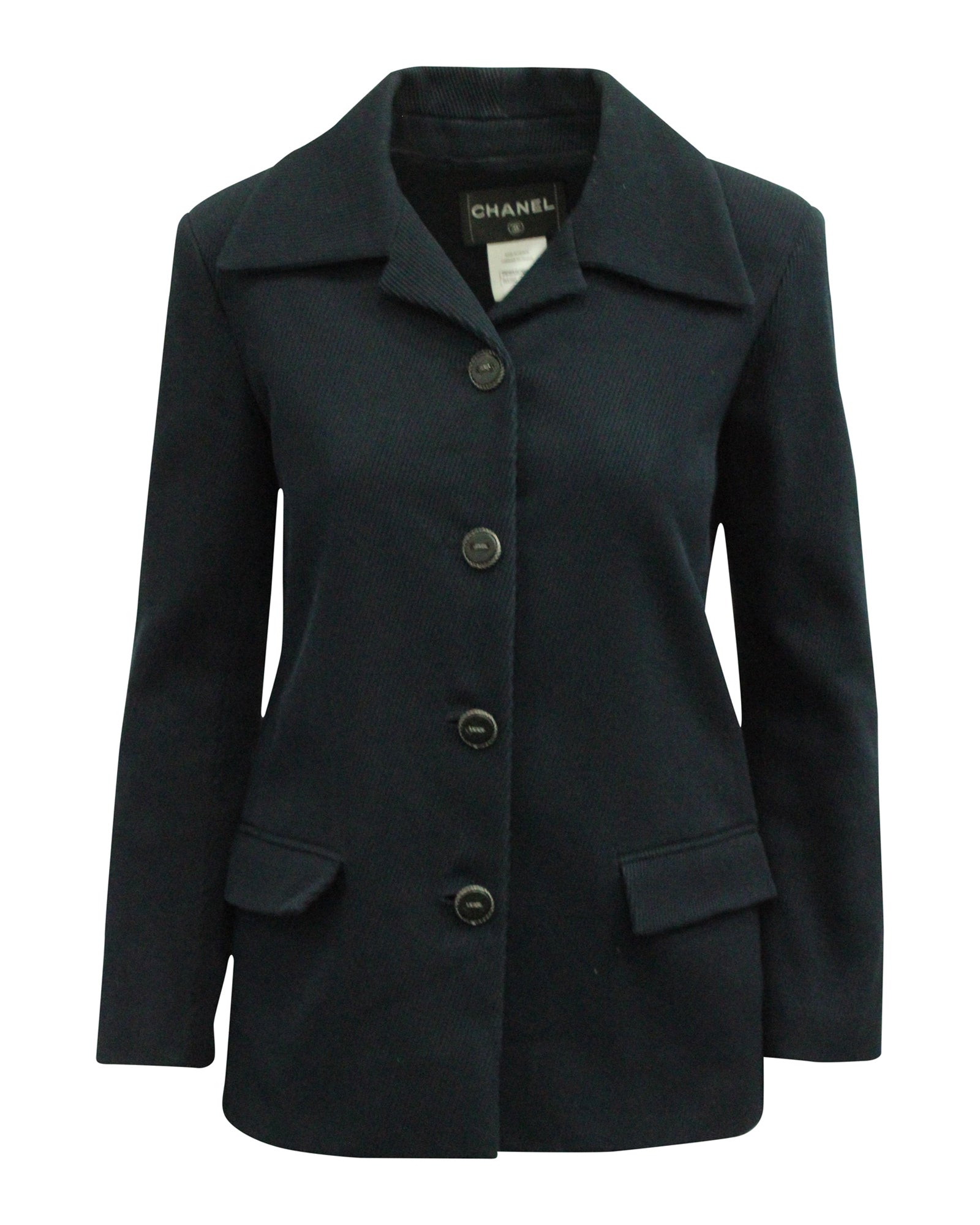 Women's Chanel 2015 Buttoned Blazer in Navy Blue Wool