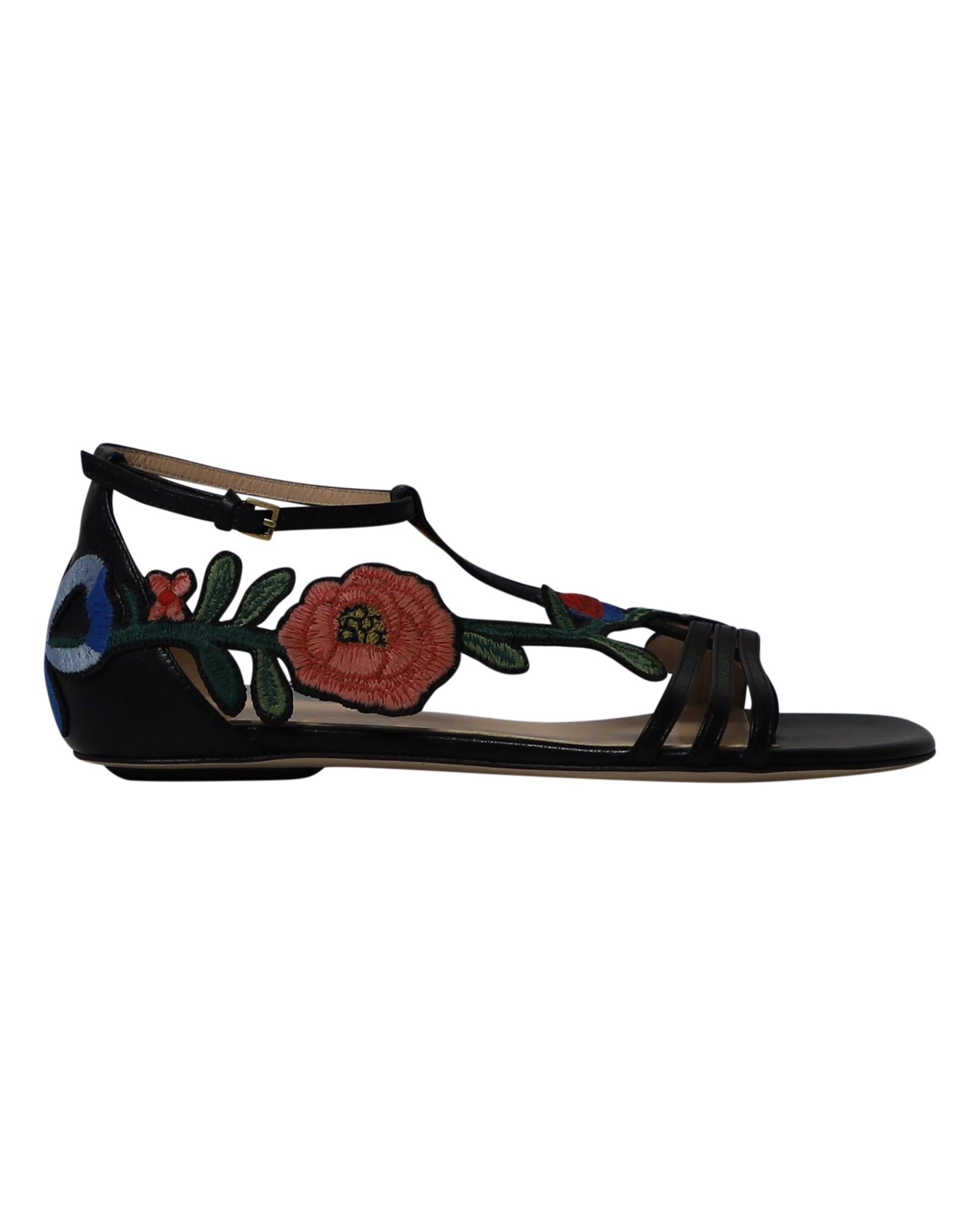 Women's Gucci Ophelia Floral-Embroidered Flat Sandals in Black Leather