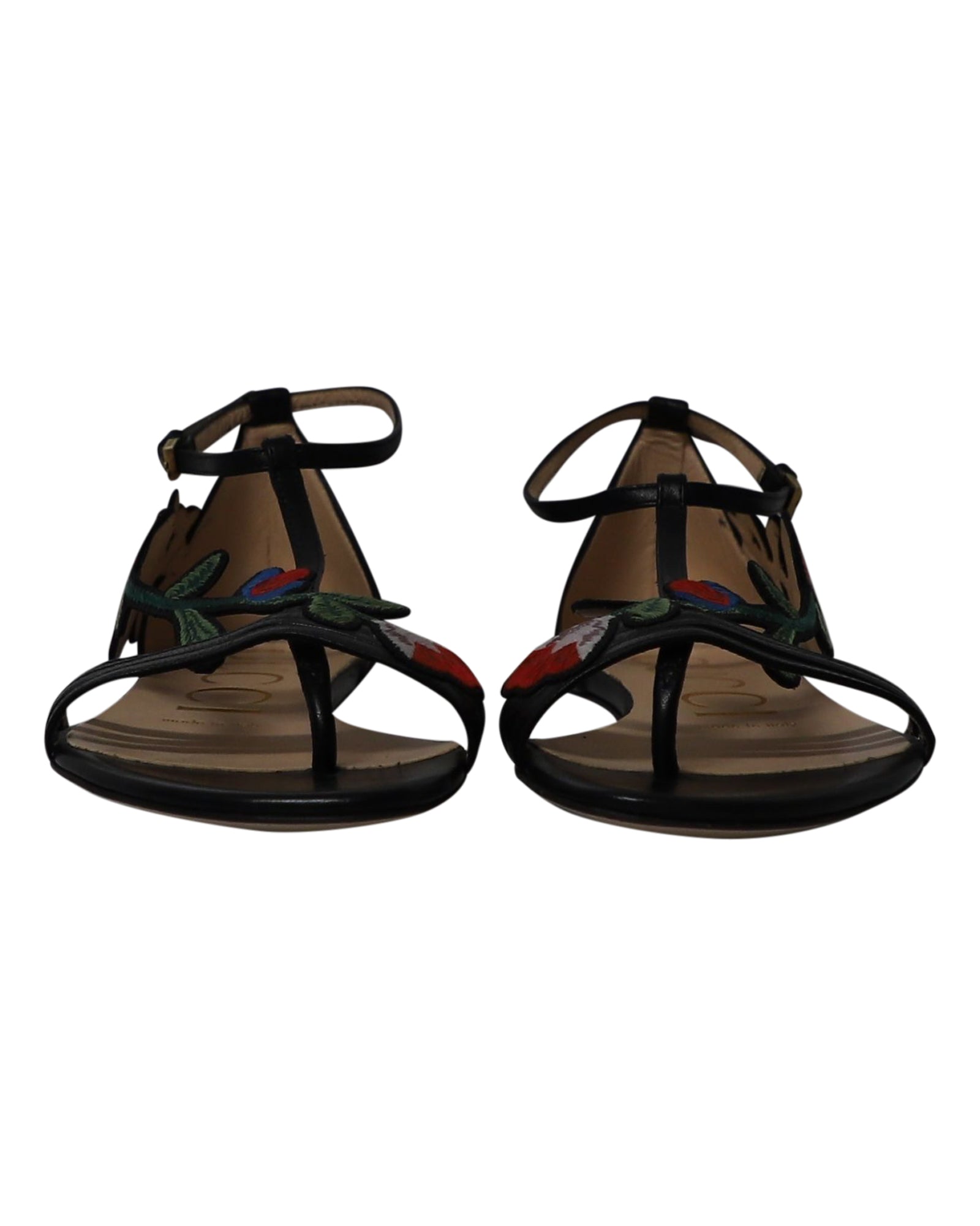Women's Gucci Ophelia Floral-Embroidered Flat Sandals in Black Leather