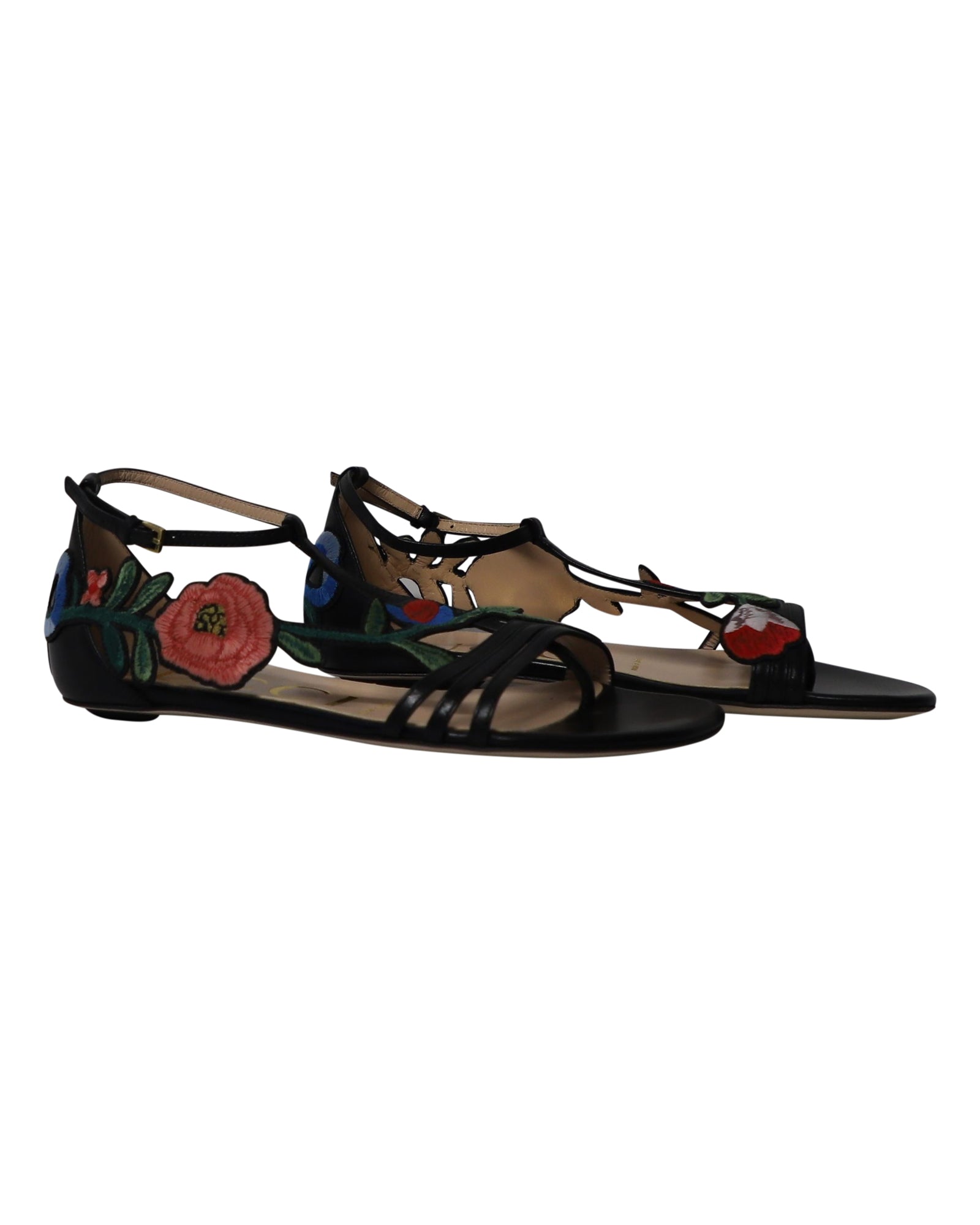Women's Gucci Ophelia Floral-Embroidered Flat Sandals in Black Leather